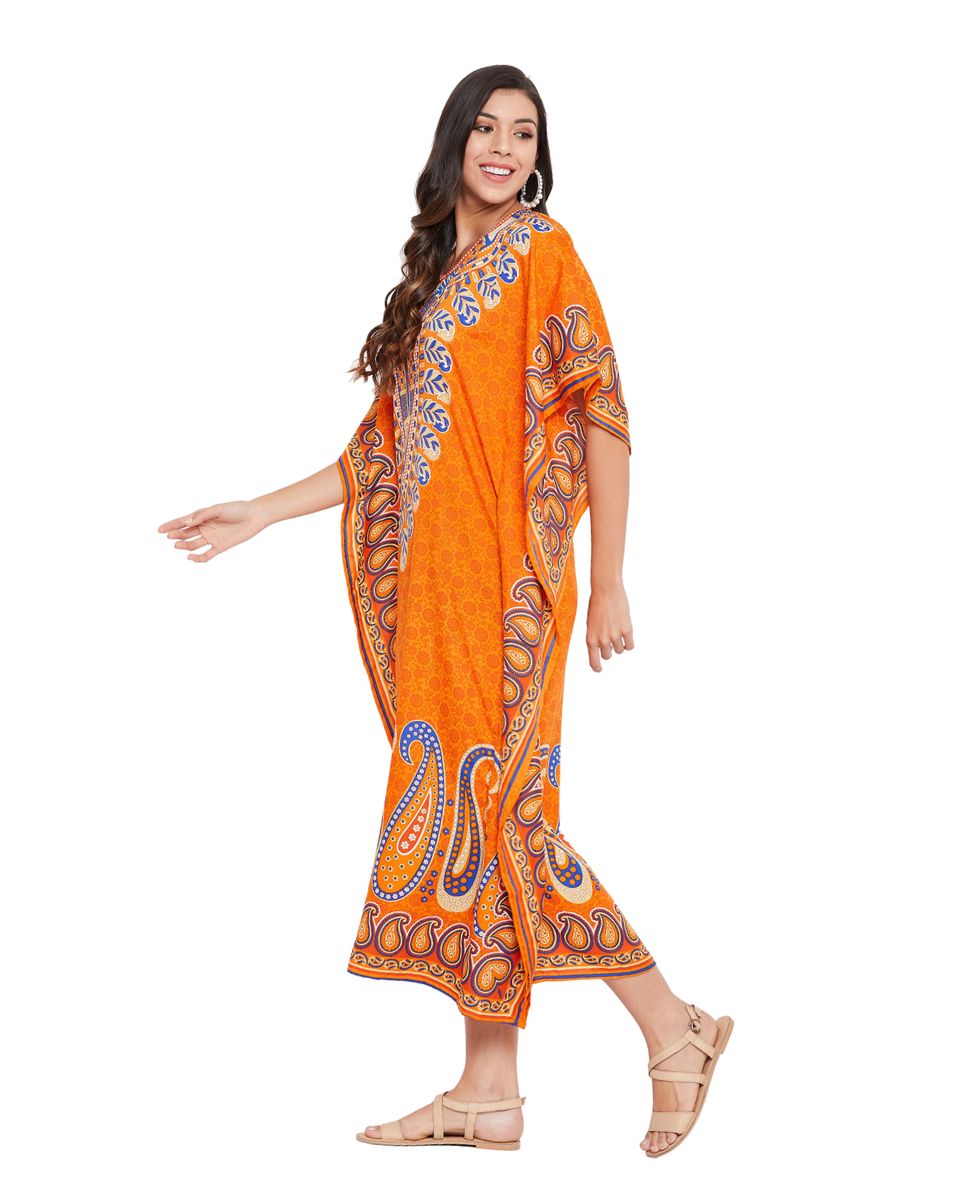 Paisley Printed Orange Plus Size Polyester Kaftan Dress For Women