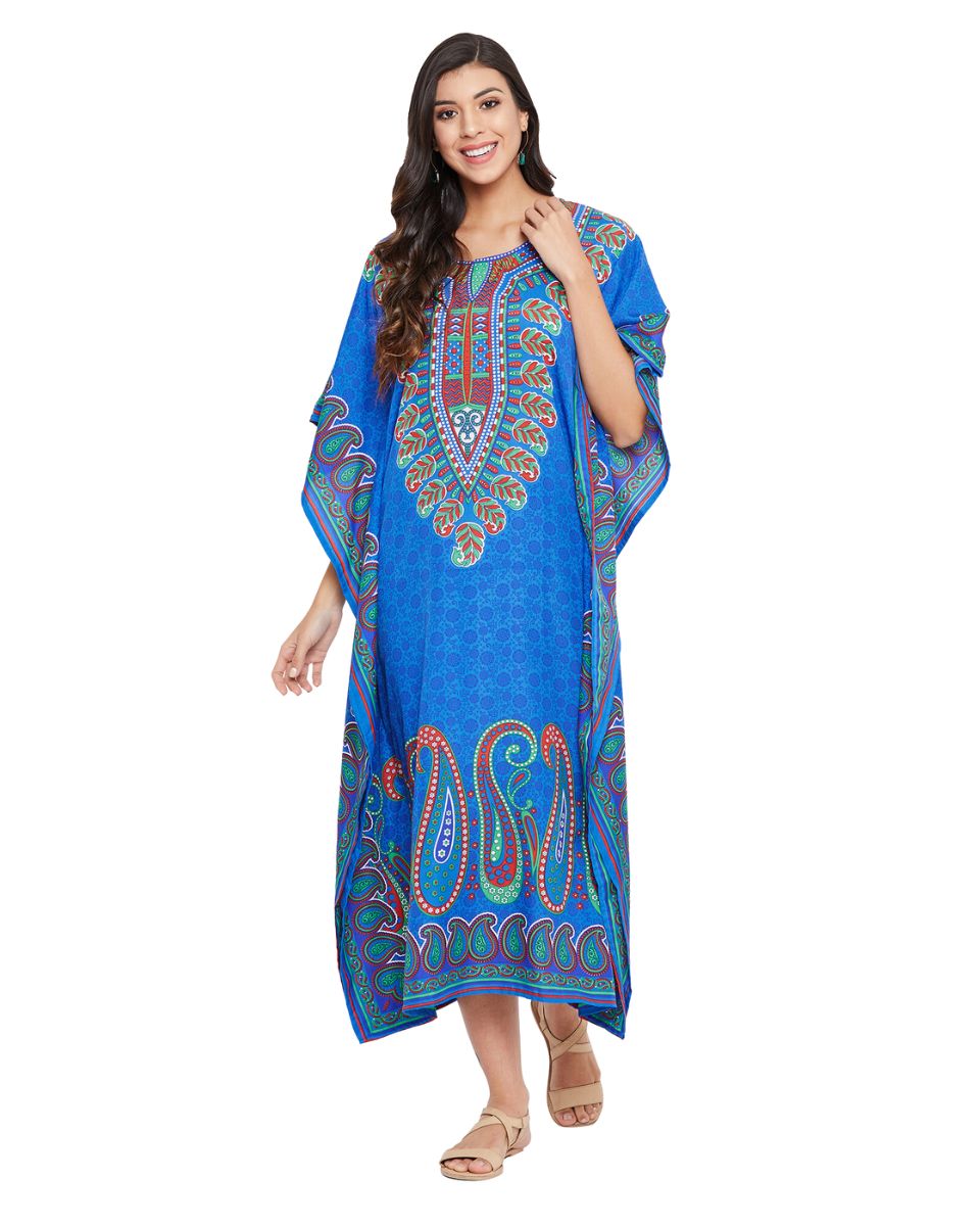 Paisley Printed Blue Polyester Kaftan Dress for Women