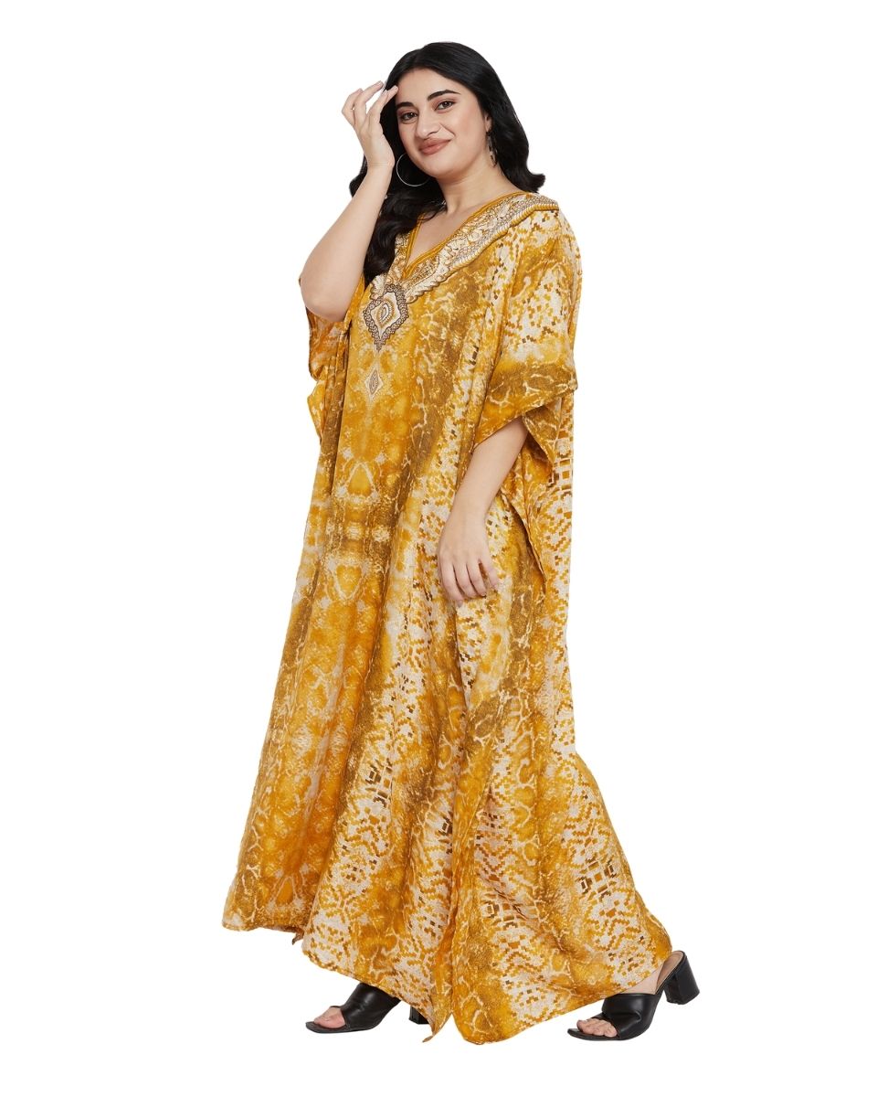 Animal Printed Yellow Polyester Kaftan Dress For Plus Size  Women