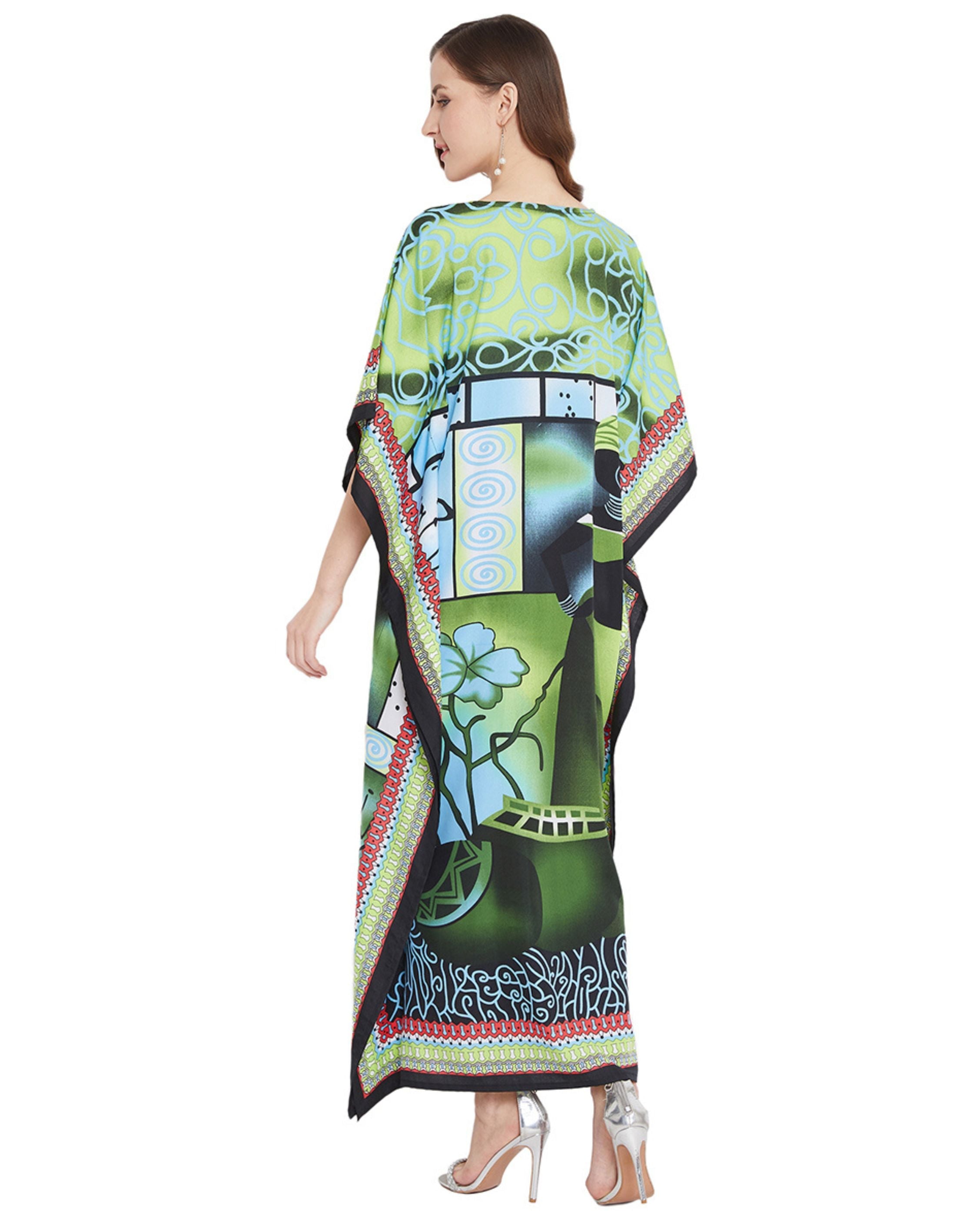 Floral Printed Green Polyester Kaftan Plus Size Dress For Women