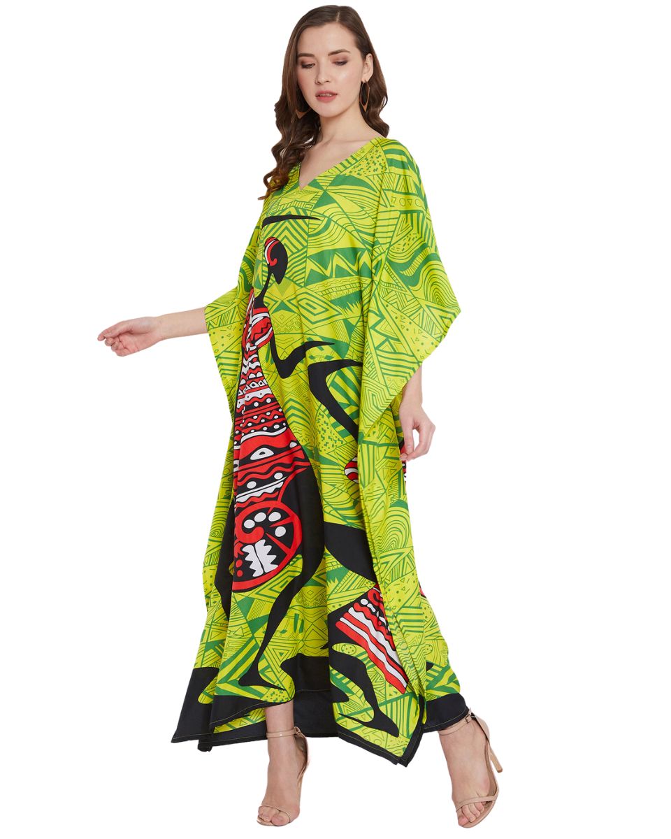 Green Polyester Kaftan Dress For Plus Size Women Tribal Printed