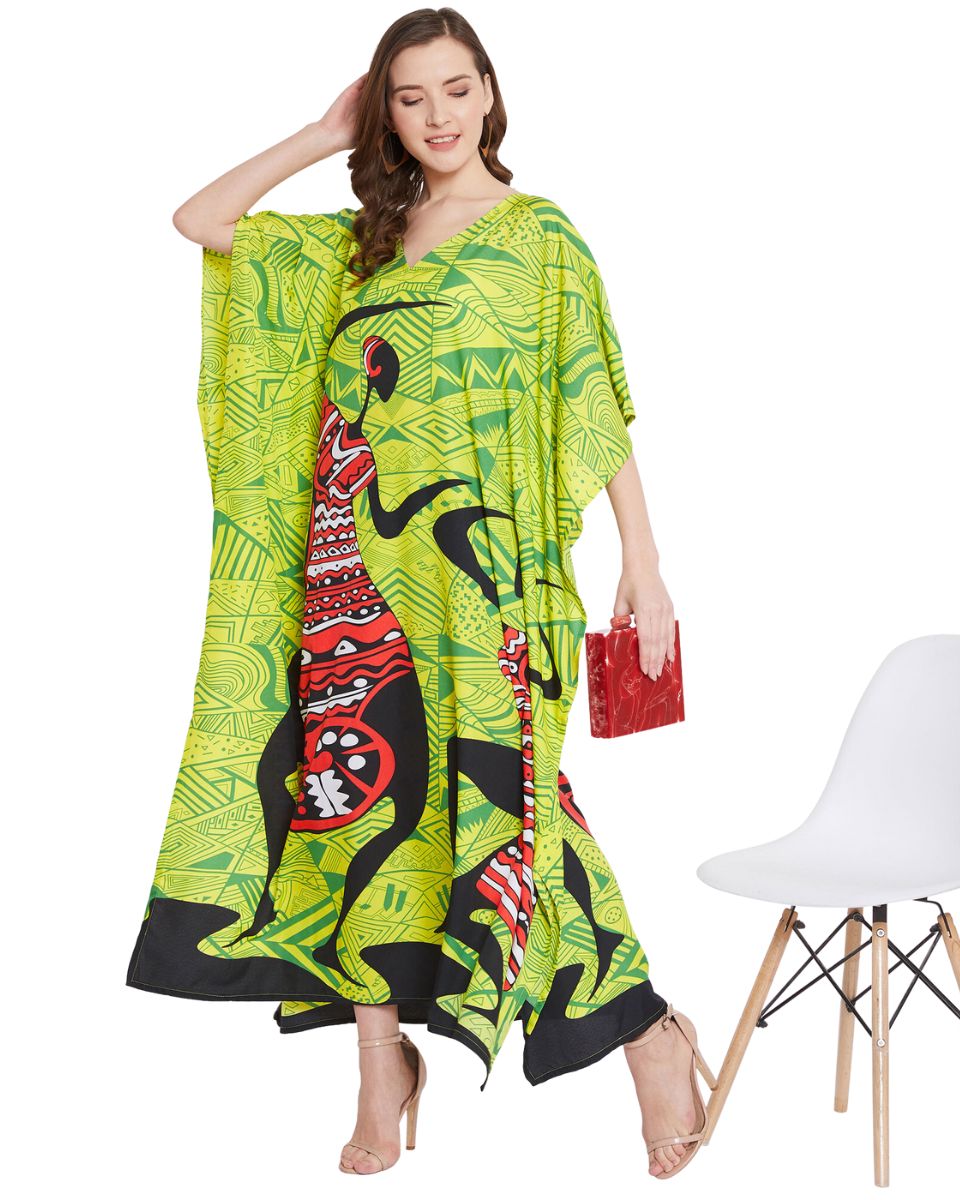 Green Polyester Kaftan Dress For Plus Size Women Tribal Printed