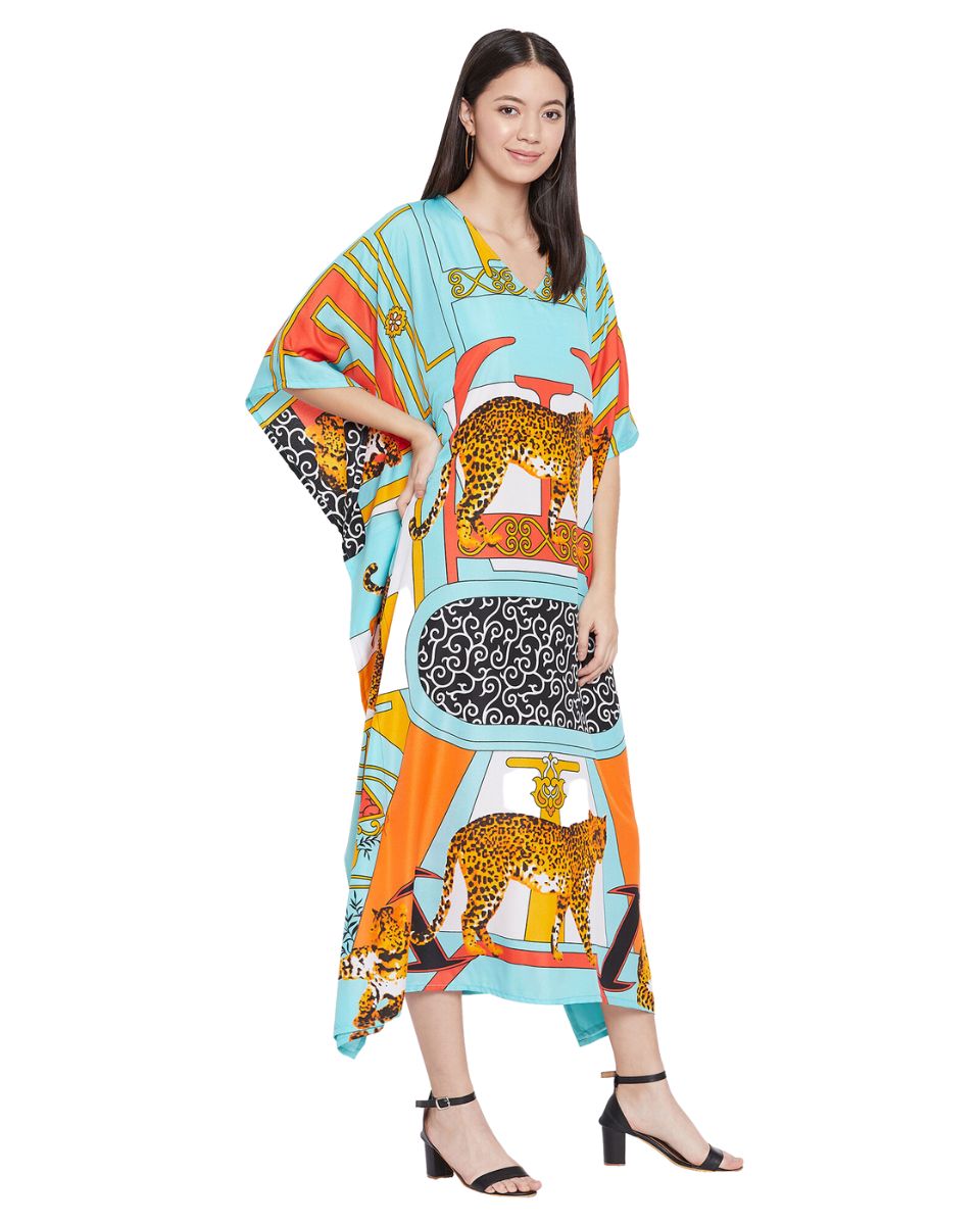 Animal Printeded Multicolor Polyester Kaftan Dress for Women