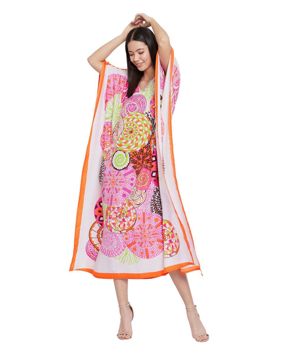 Mandala Printed Pink Polyester Plus Size Kaftan Dress For Women