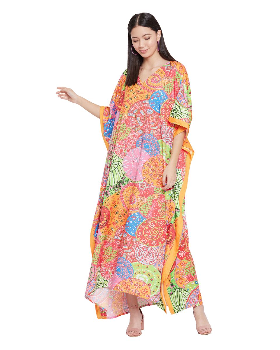 Mandala Printed Multicolor Polyester Kaftan Dress for Women