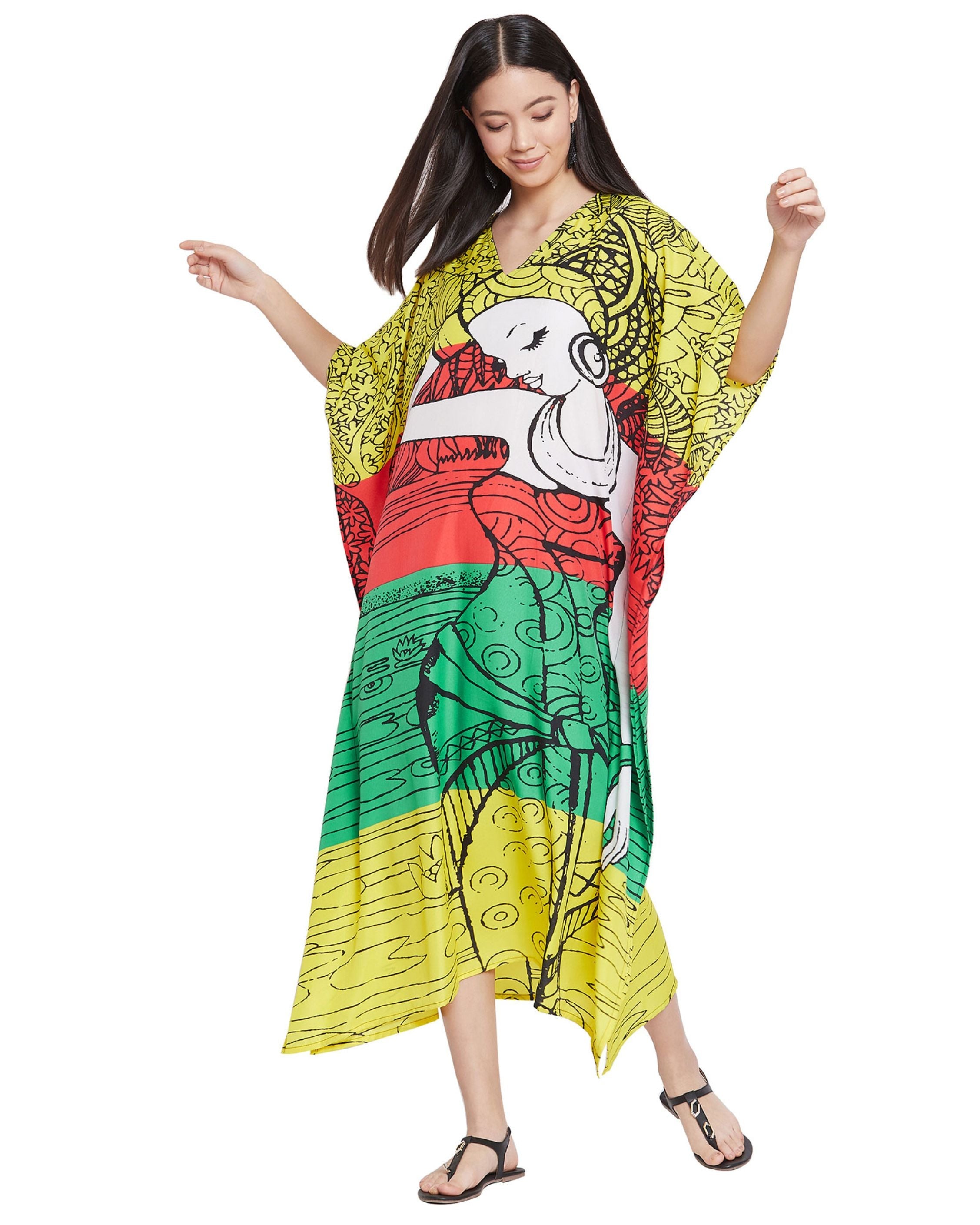 Printed Tribal Multicolor Polyester Kaftan For Plus Size Women