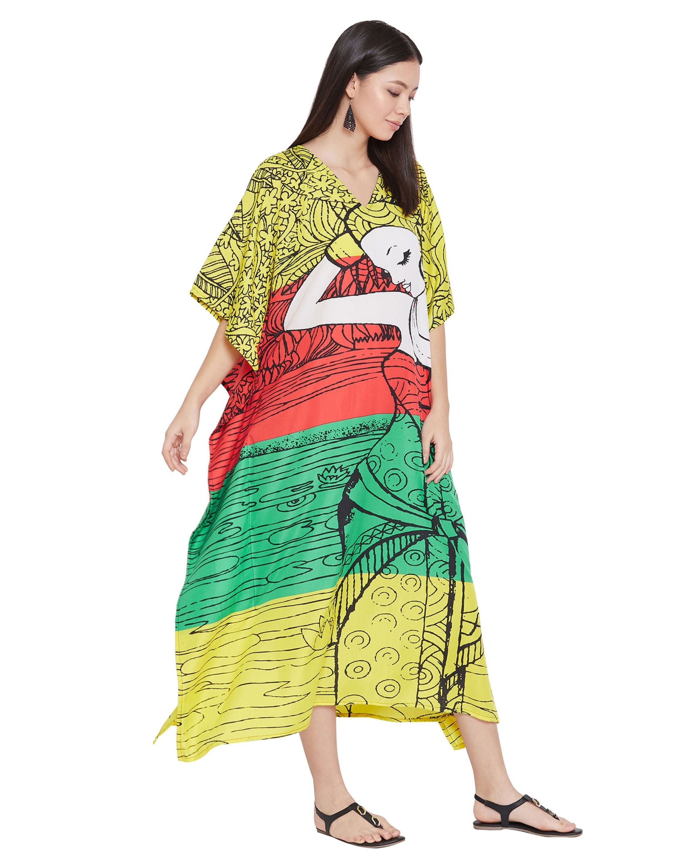 Printed Tribal Multicolor Polyester Kaftan For Plus Size Women