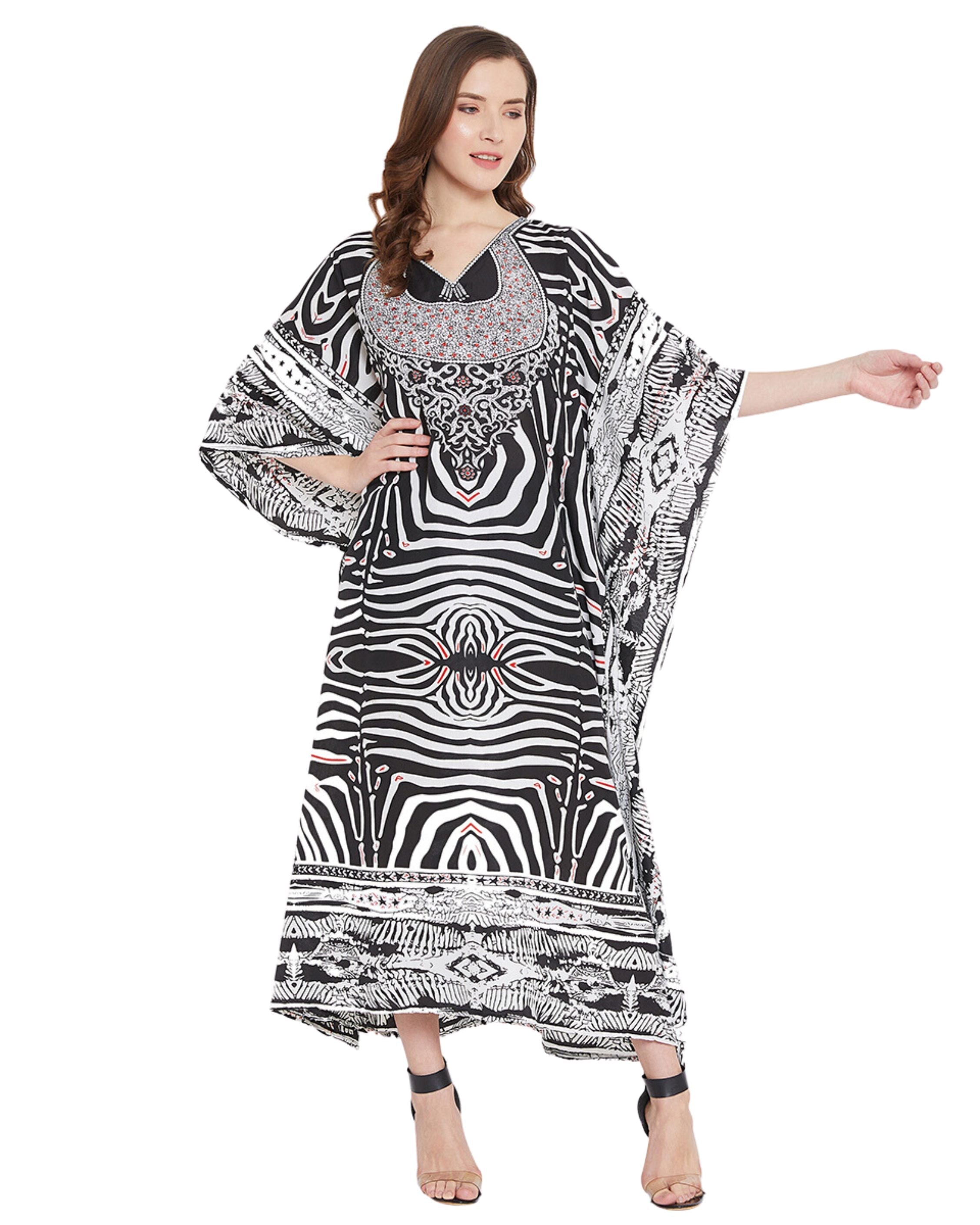 Animal Printeded Black Polyester Kaftan Dress for Women