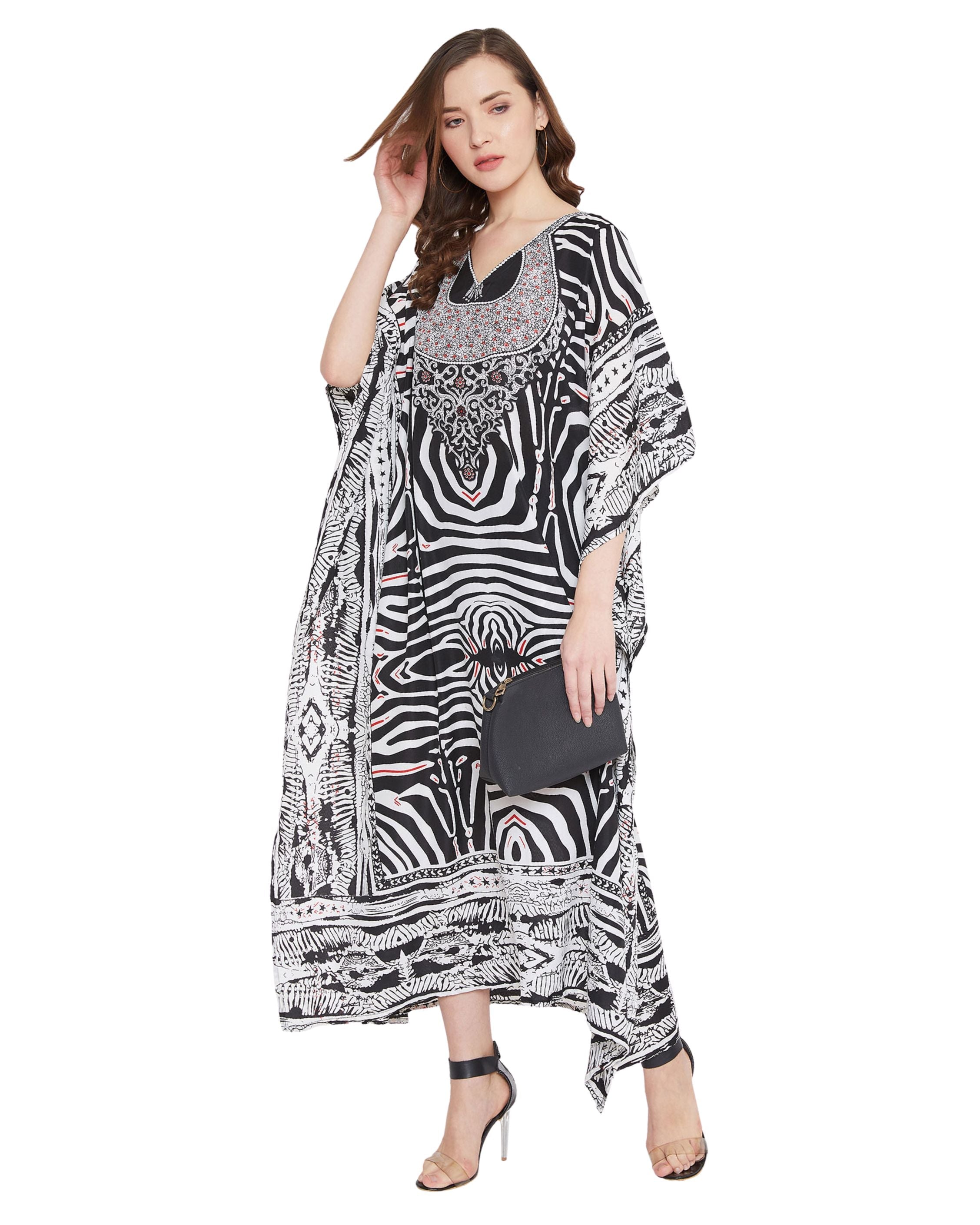 Digital Printed Black & White Polyester Kaftan Dress for Women