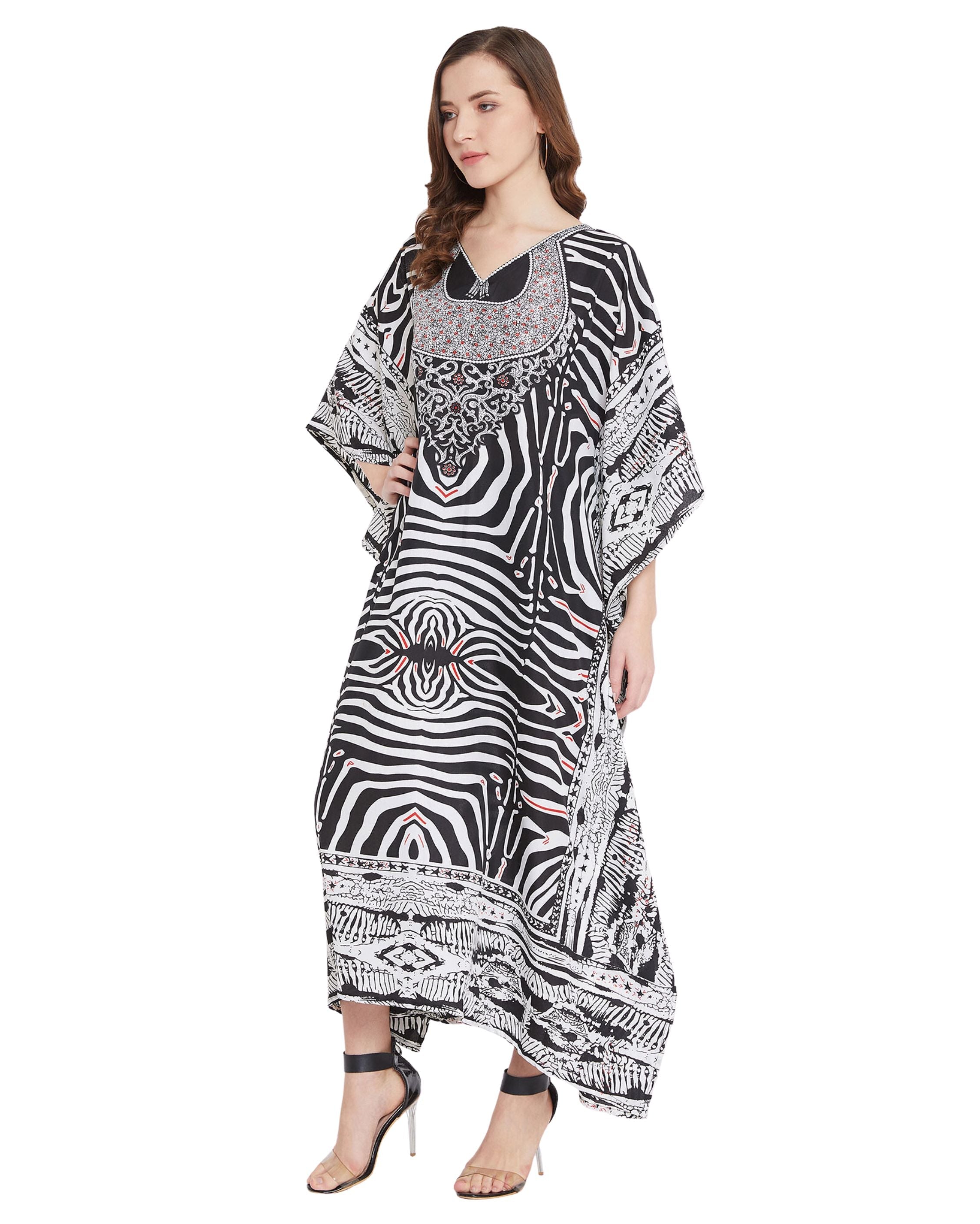 Digital Printed Black & White Polyester Kaftan Dress for Women