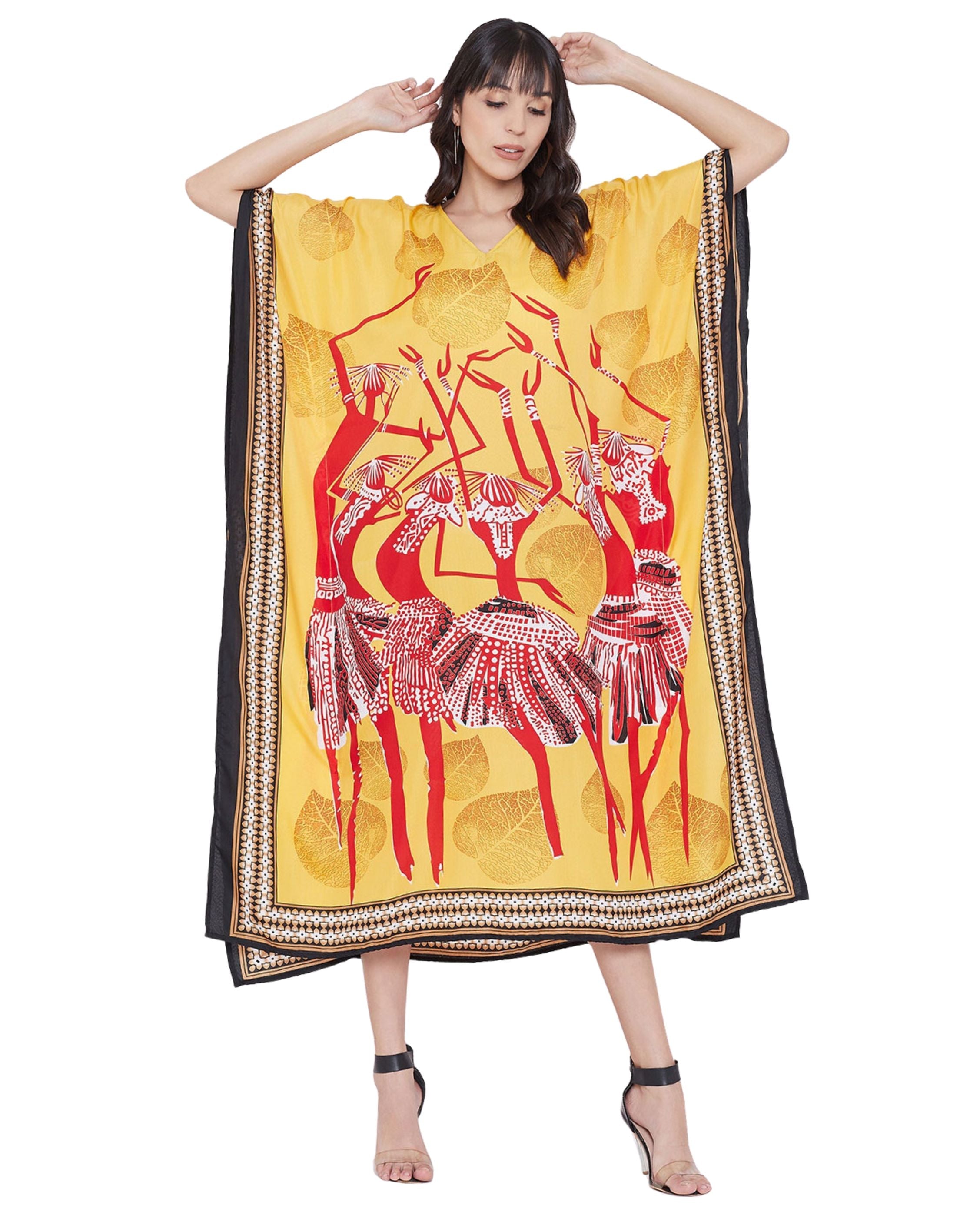 Tribal Printed Yellow Polyester Kaftan Dress for Women