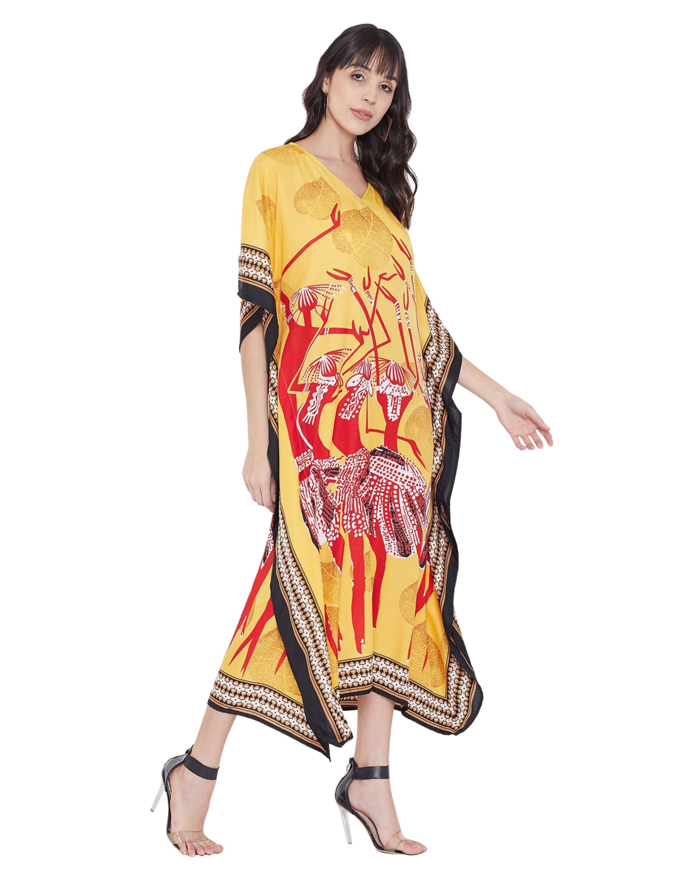 Tribal Printed Yellow Polyester Kaftan For Plus Size Women