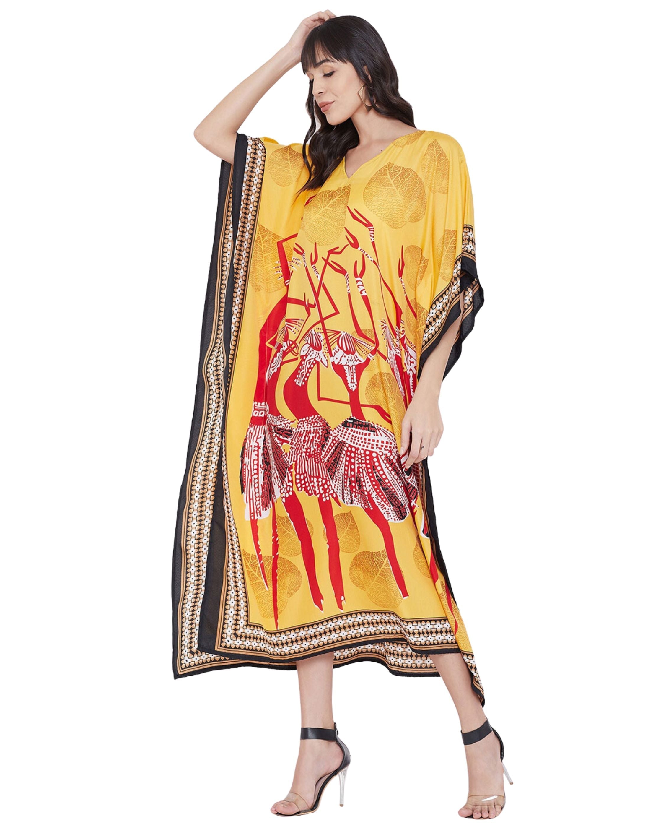 Tribal Printed Yellow Polyester Kaftan Dress for Women