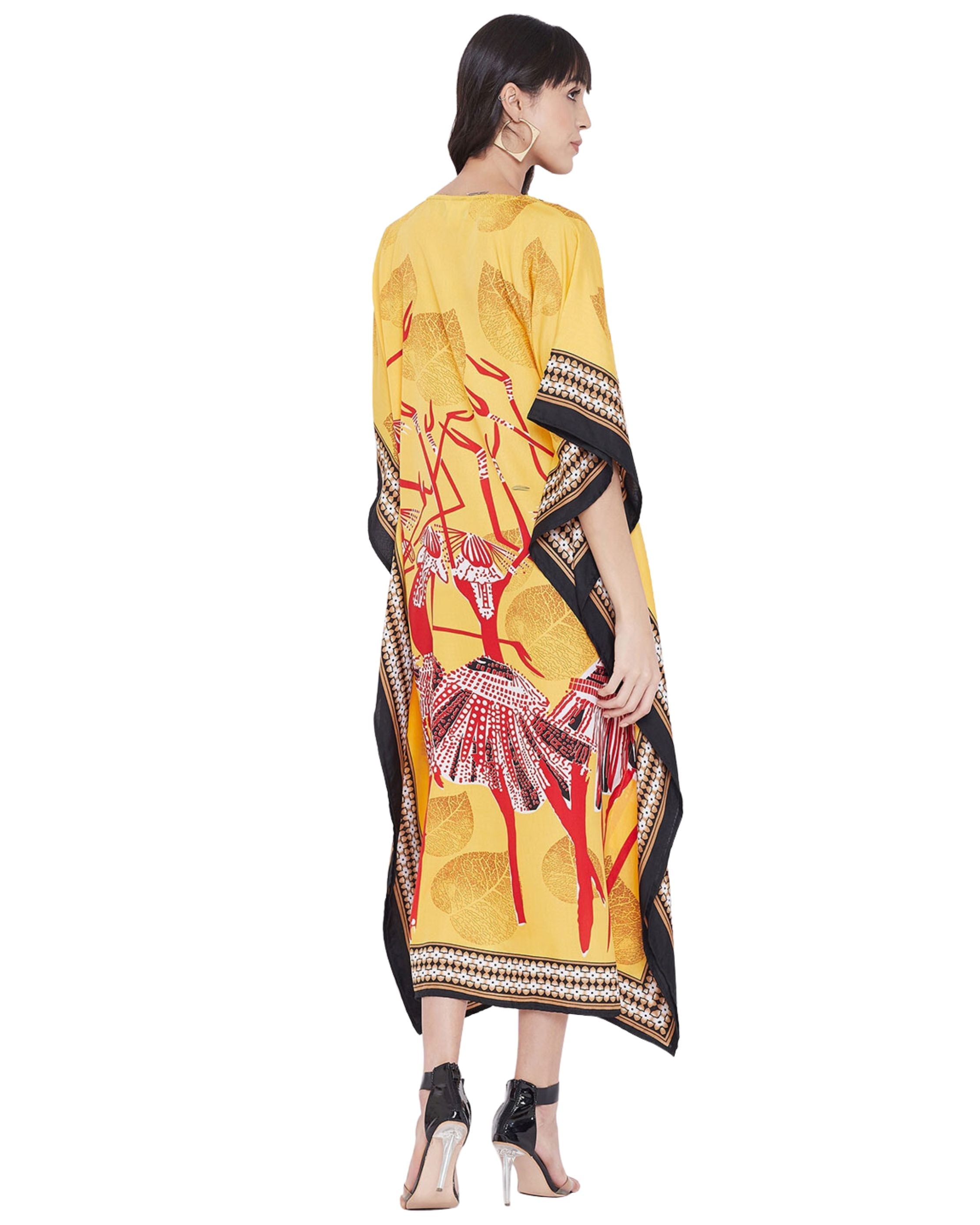 Tribal Printed Yellow Polyester Kaftan Dress for Women