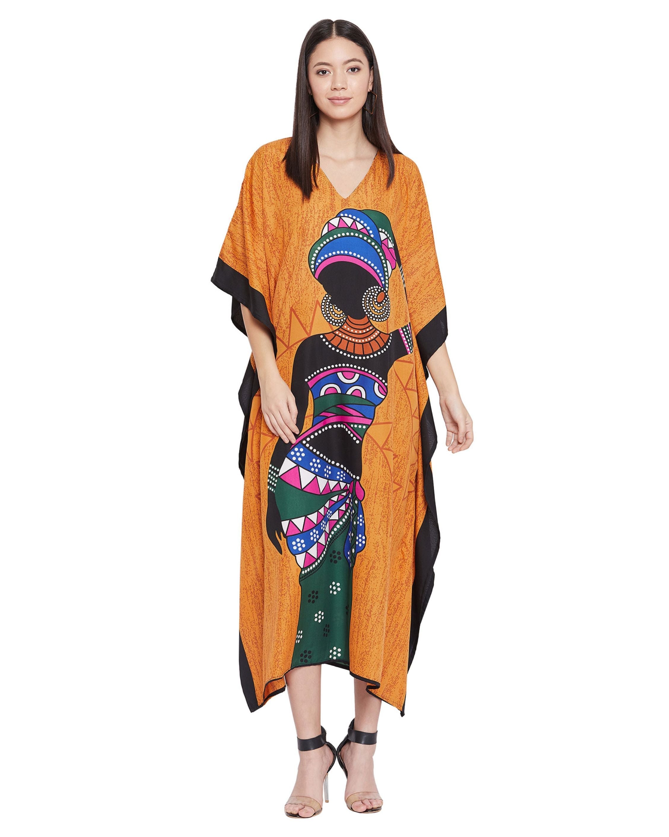 Tribal Printed Orange Polyester Kaftan For Plus Size Women