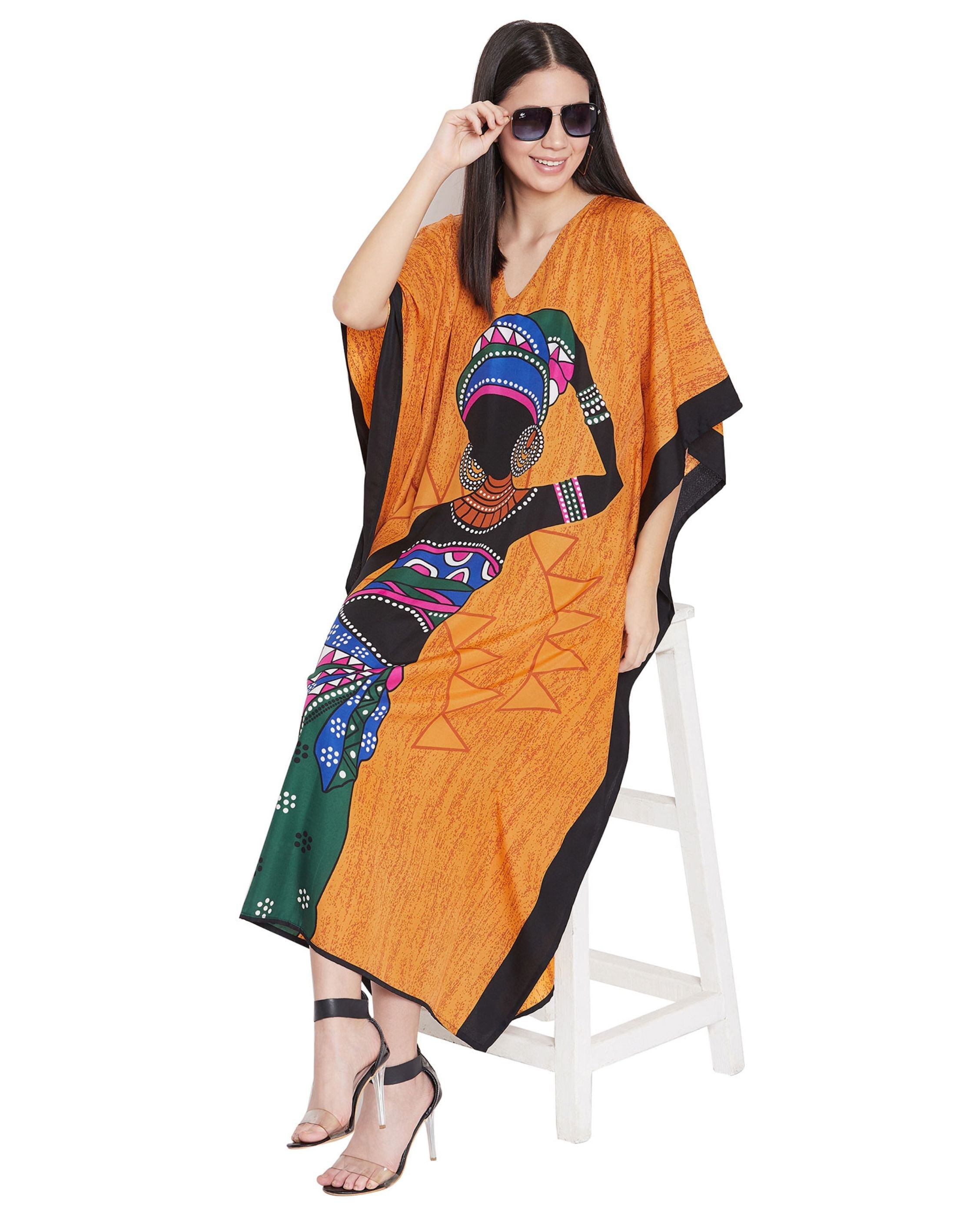 Tribal Printed Orange Polyester Kaftan For Plus Size Women