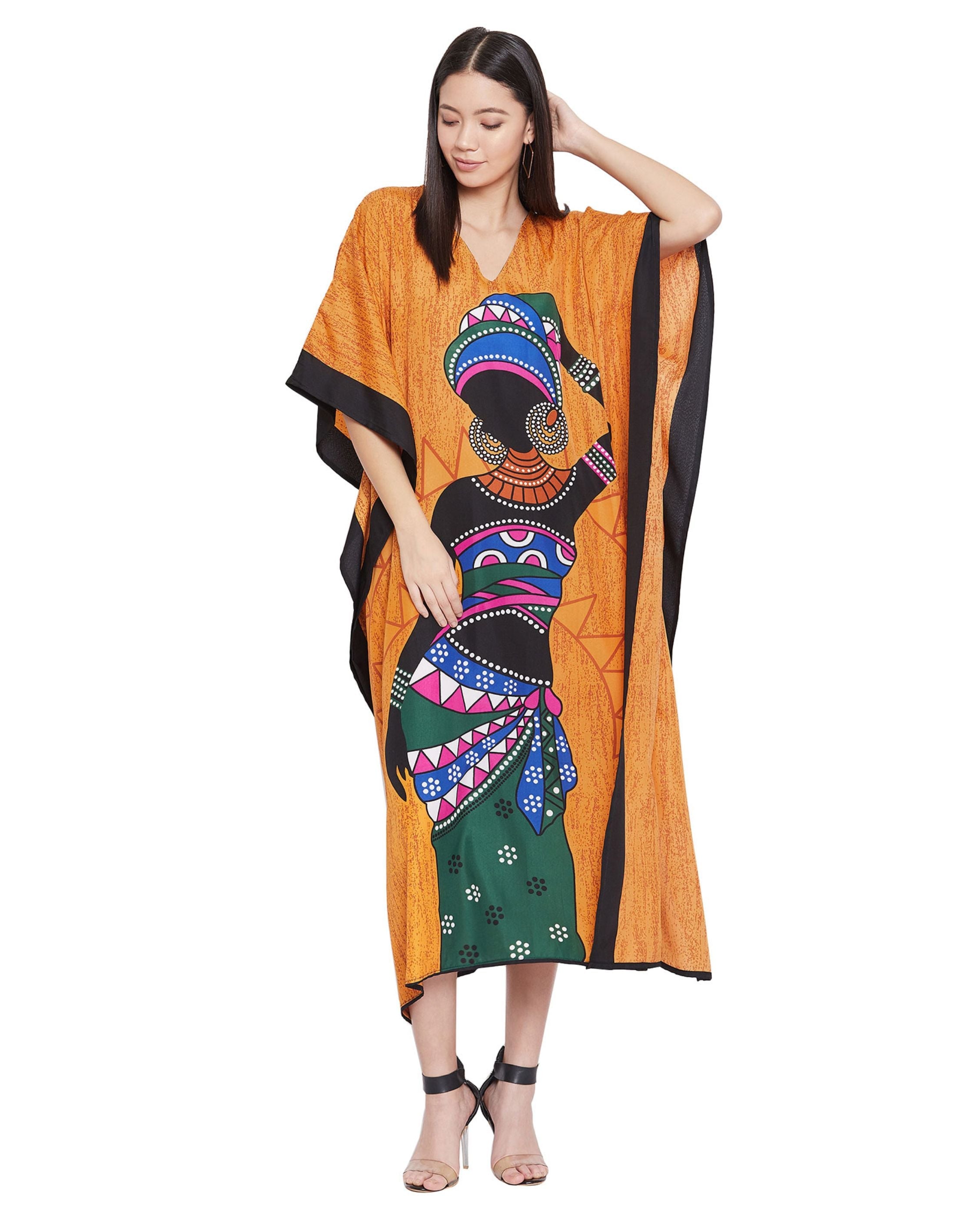 Tribal Printed Orange Polyester Kaftan For Plus Size Women