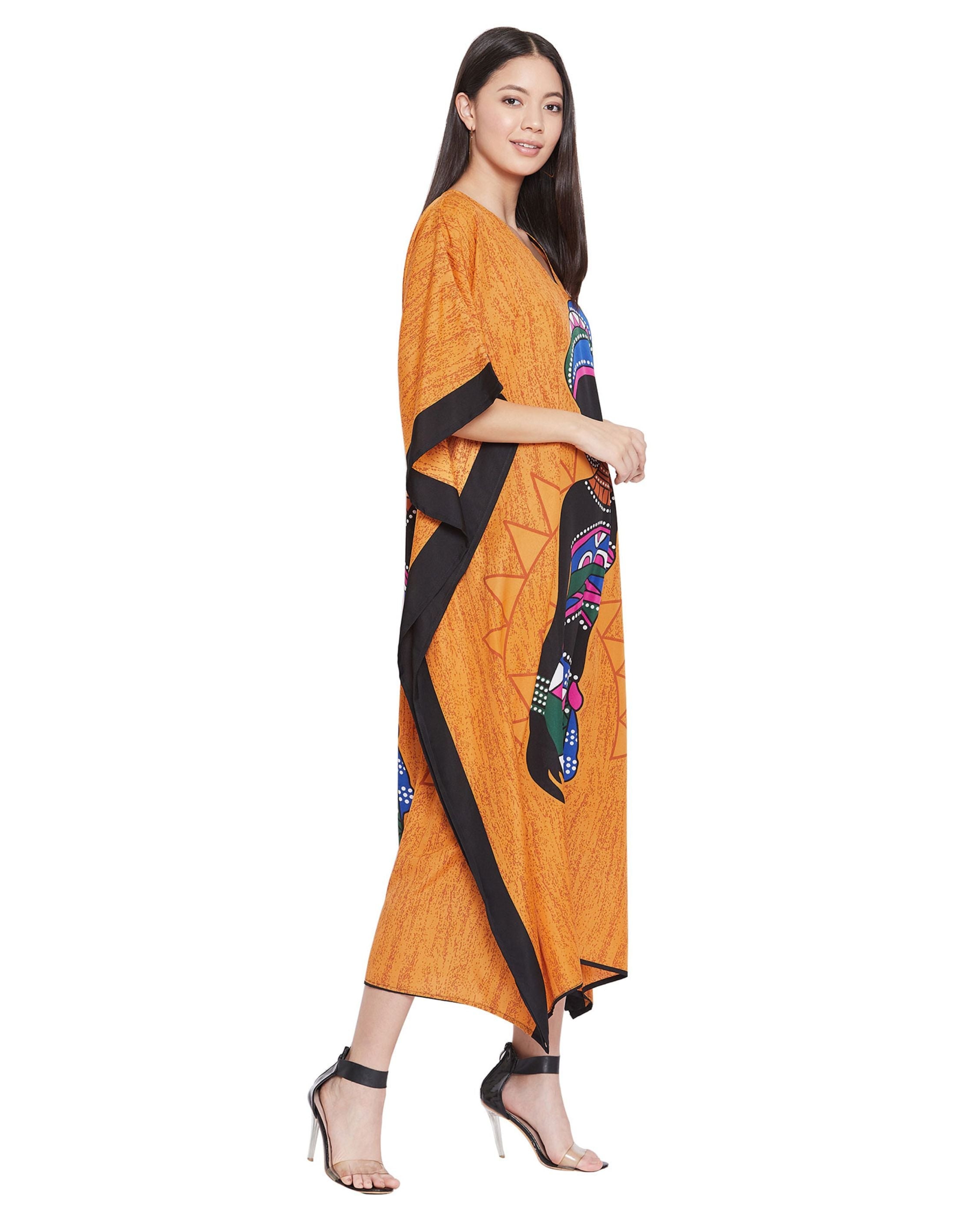 Tribal Printed Orange Polyester Kaftan For Plus Size Women