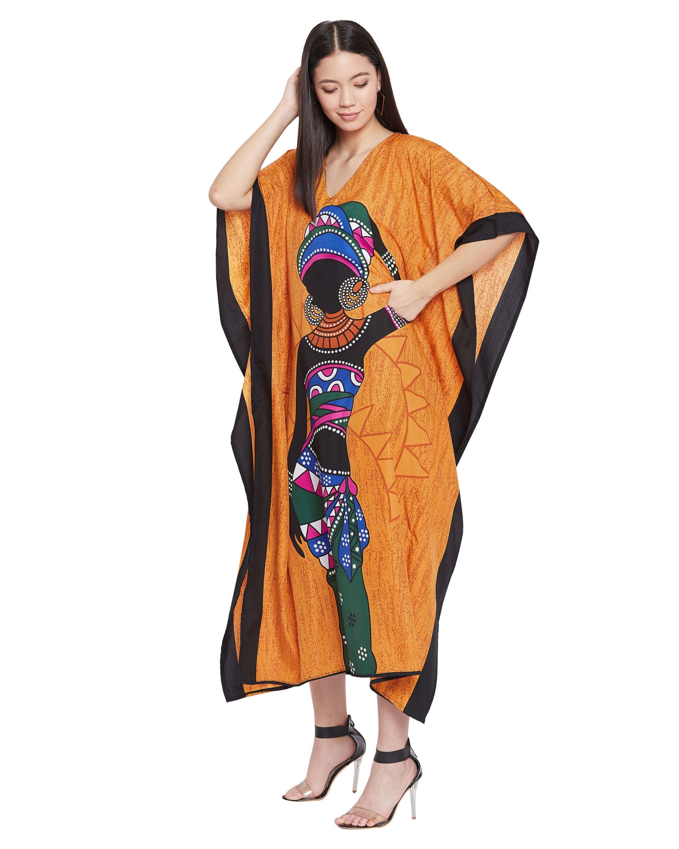 Tribal Printed Orange Polyester Kaftan For Plus Size Women