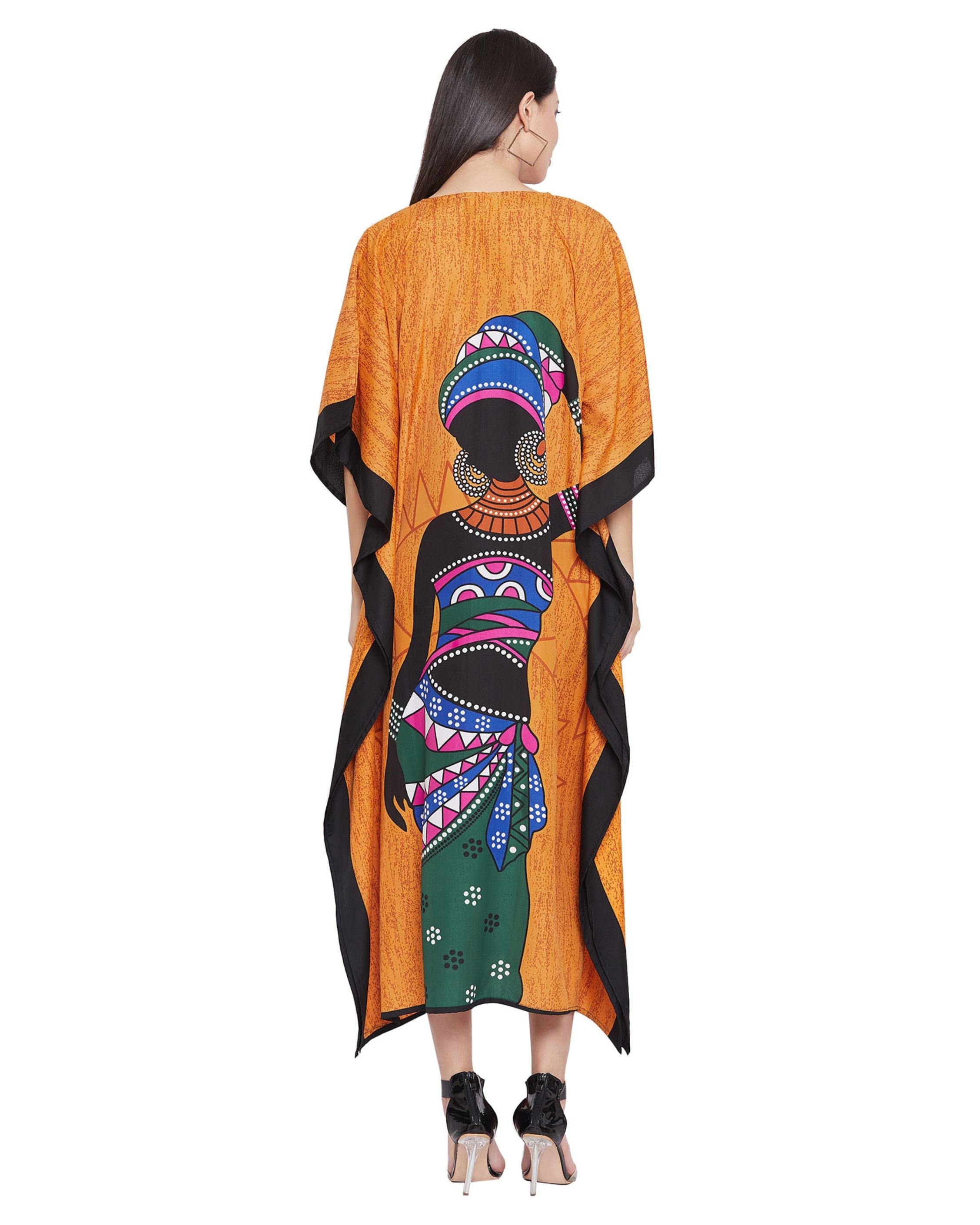 Tribal Printed Orange Polyester Kaftan For Plus Size Women