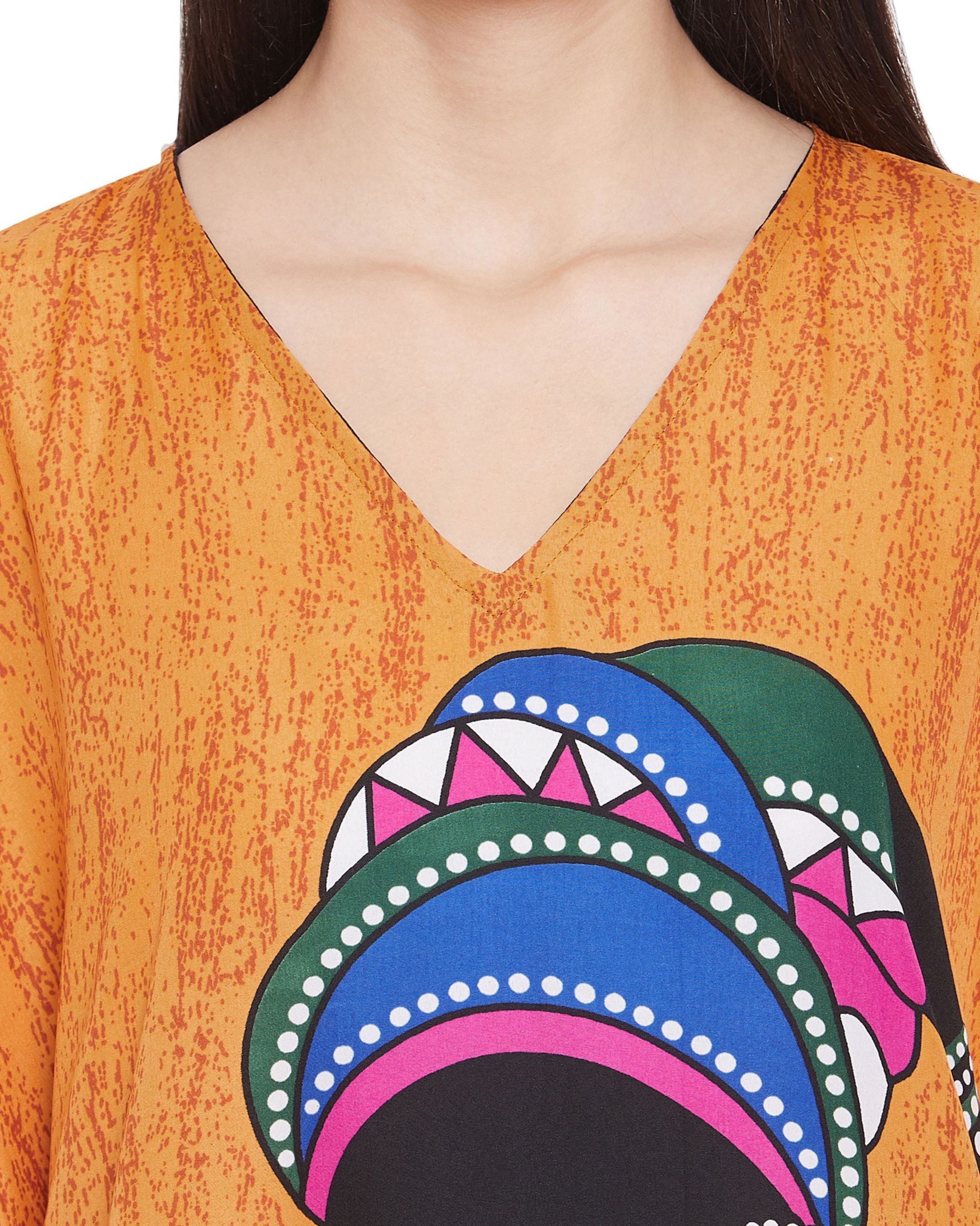 Tribal Printed Orange Polyester Kaftan For Plus Size Women