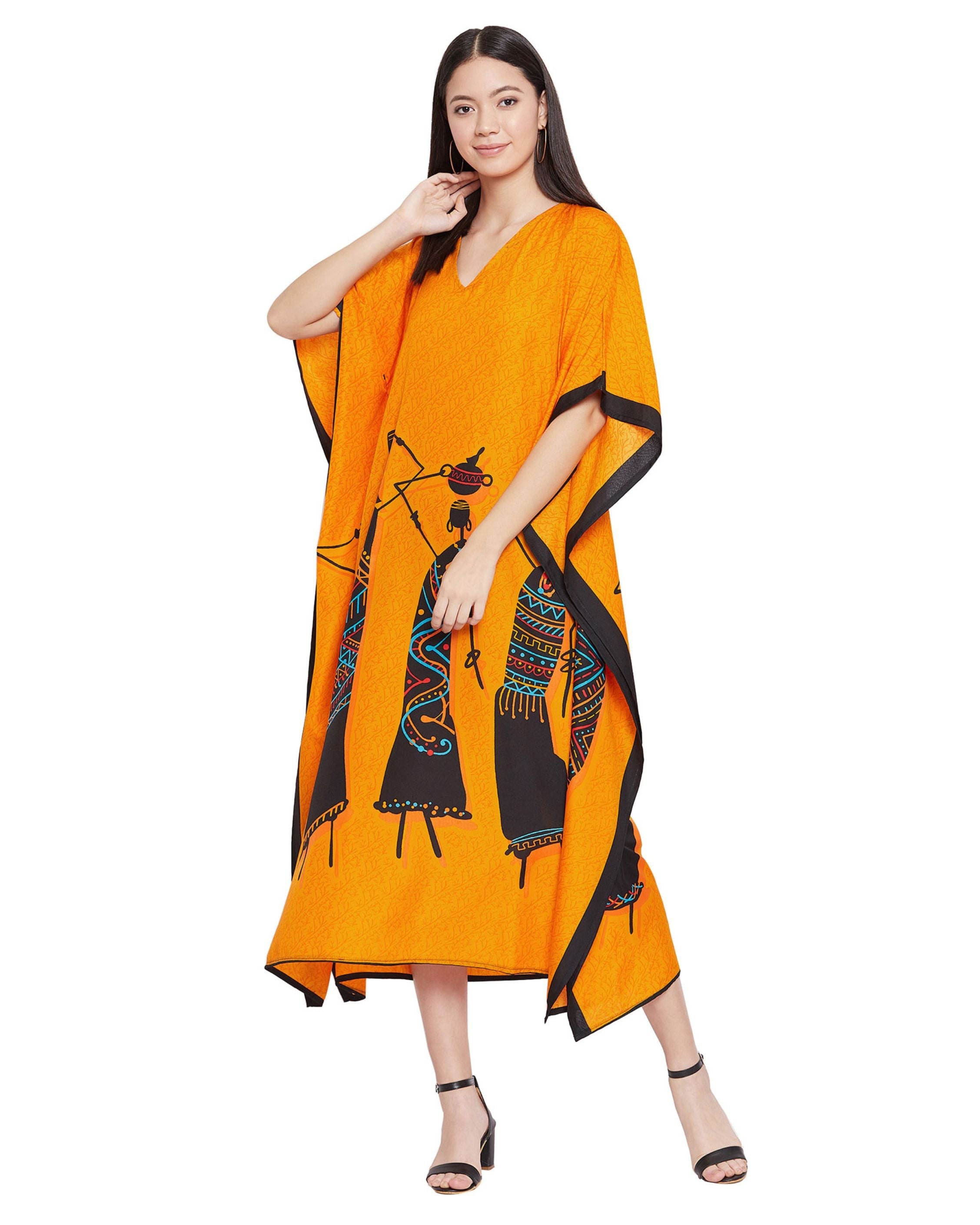 Tribal Printed Orange Polyester Kaftan Dress for Women