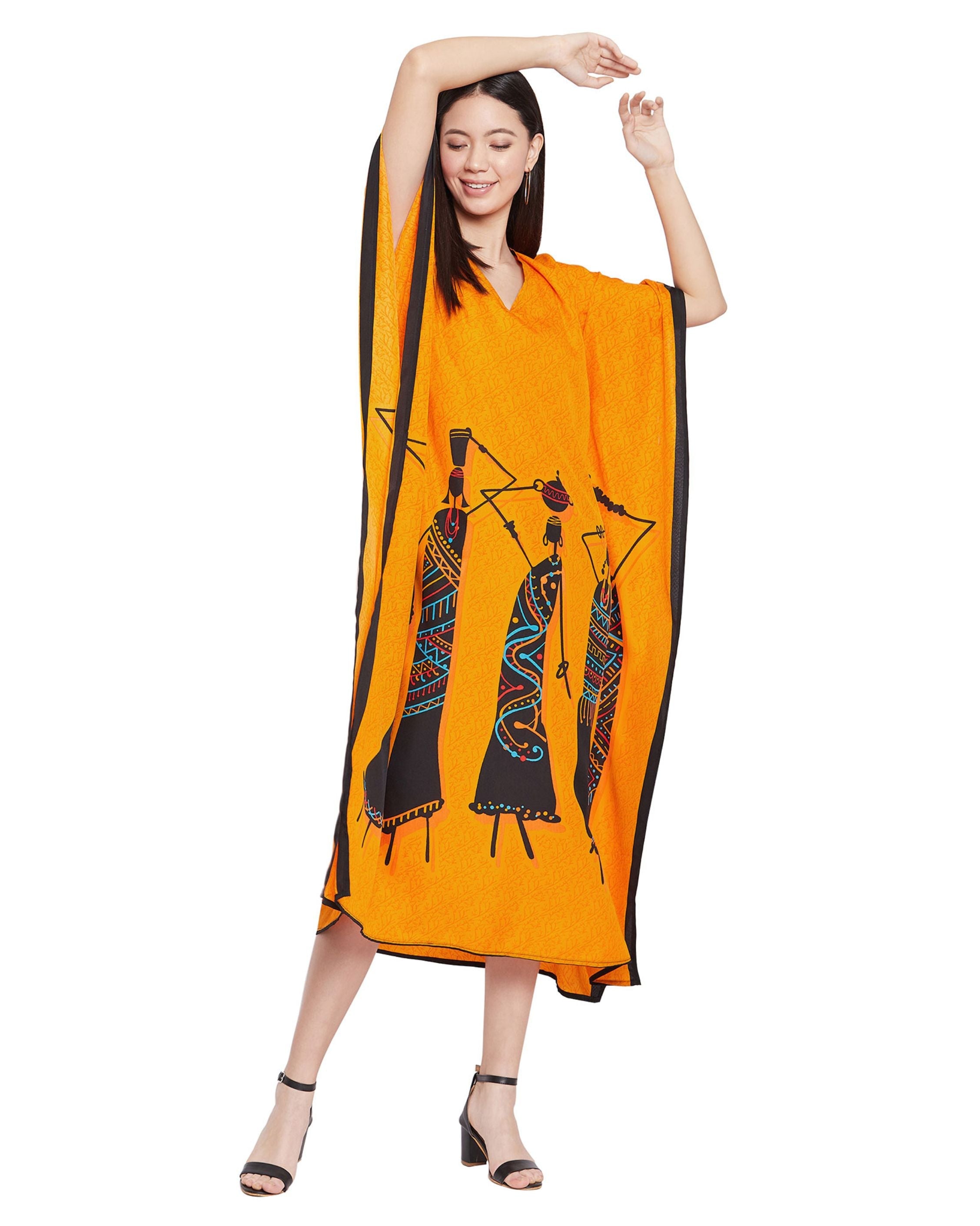 Tribal Printed Orange Polyester Kaftan Dress for Women