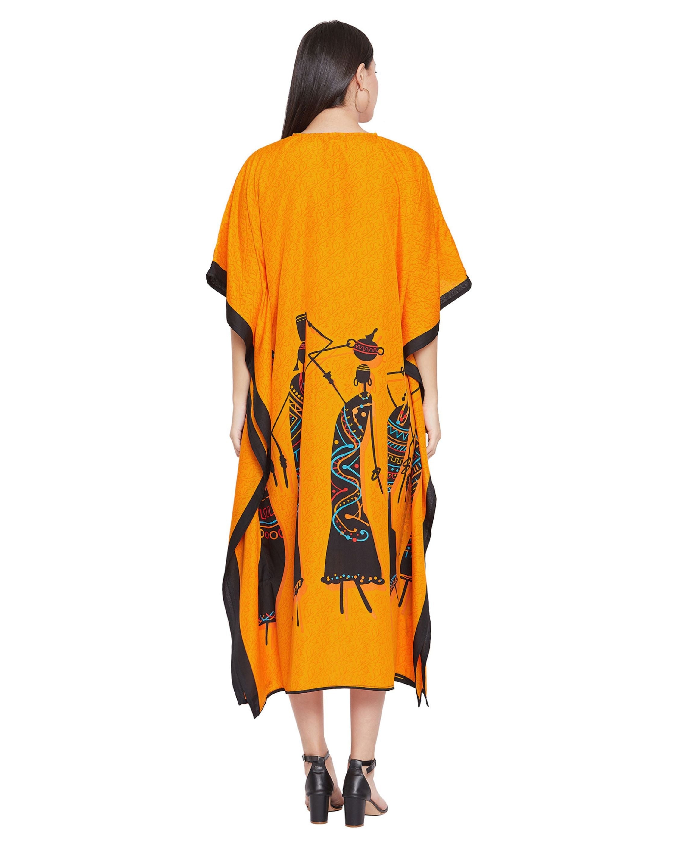 Orange Polyester Tribal Printed Plus Size Kaftan For Women