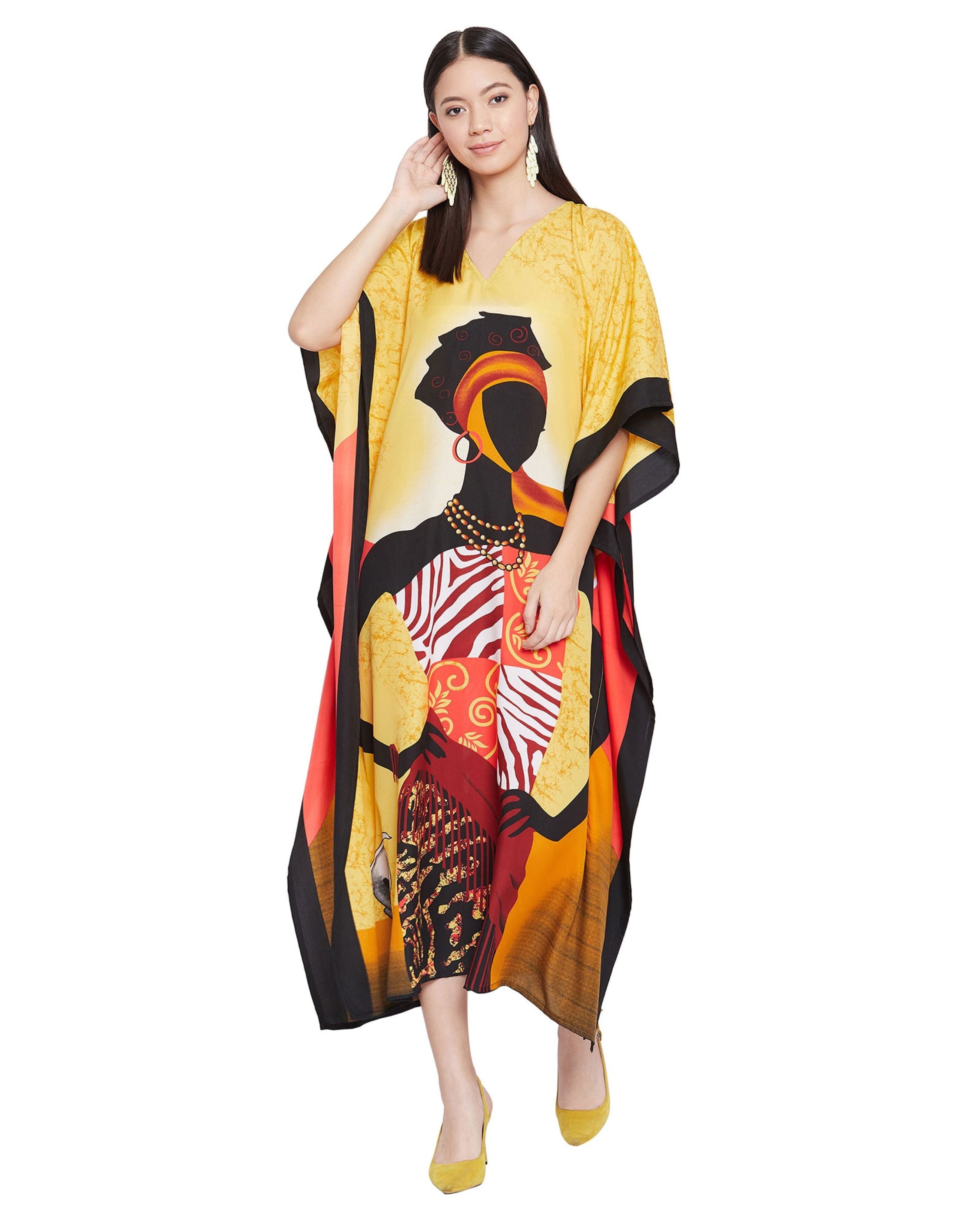 Golden Dress Tribal Printed Polyester Kaftan For Plus Size Women