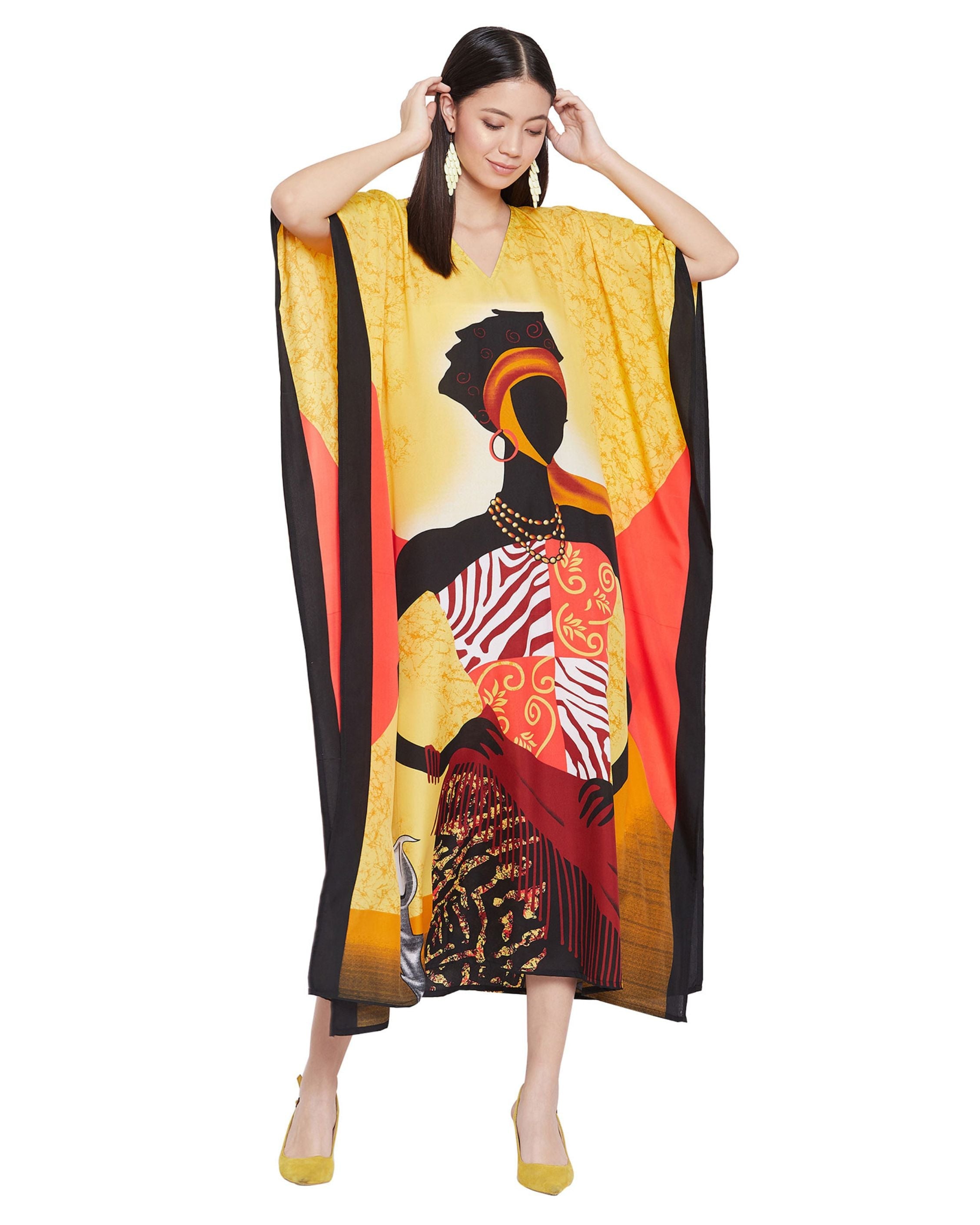 Golden Dress Tribal Printed Polyester Kaftan For Plus Size Women