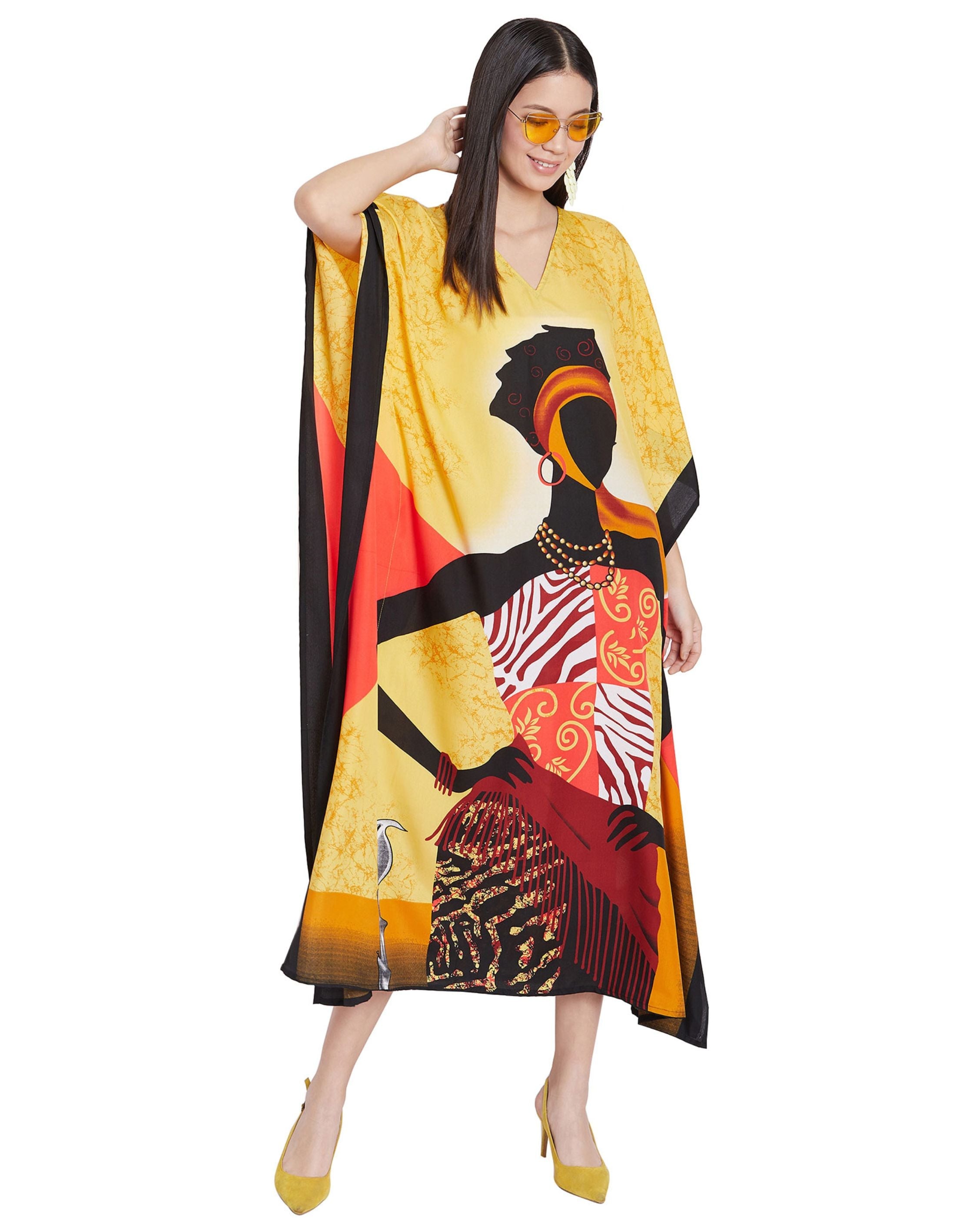 Tribal Printed Golden Polyester Kaftan Dress for Women