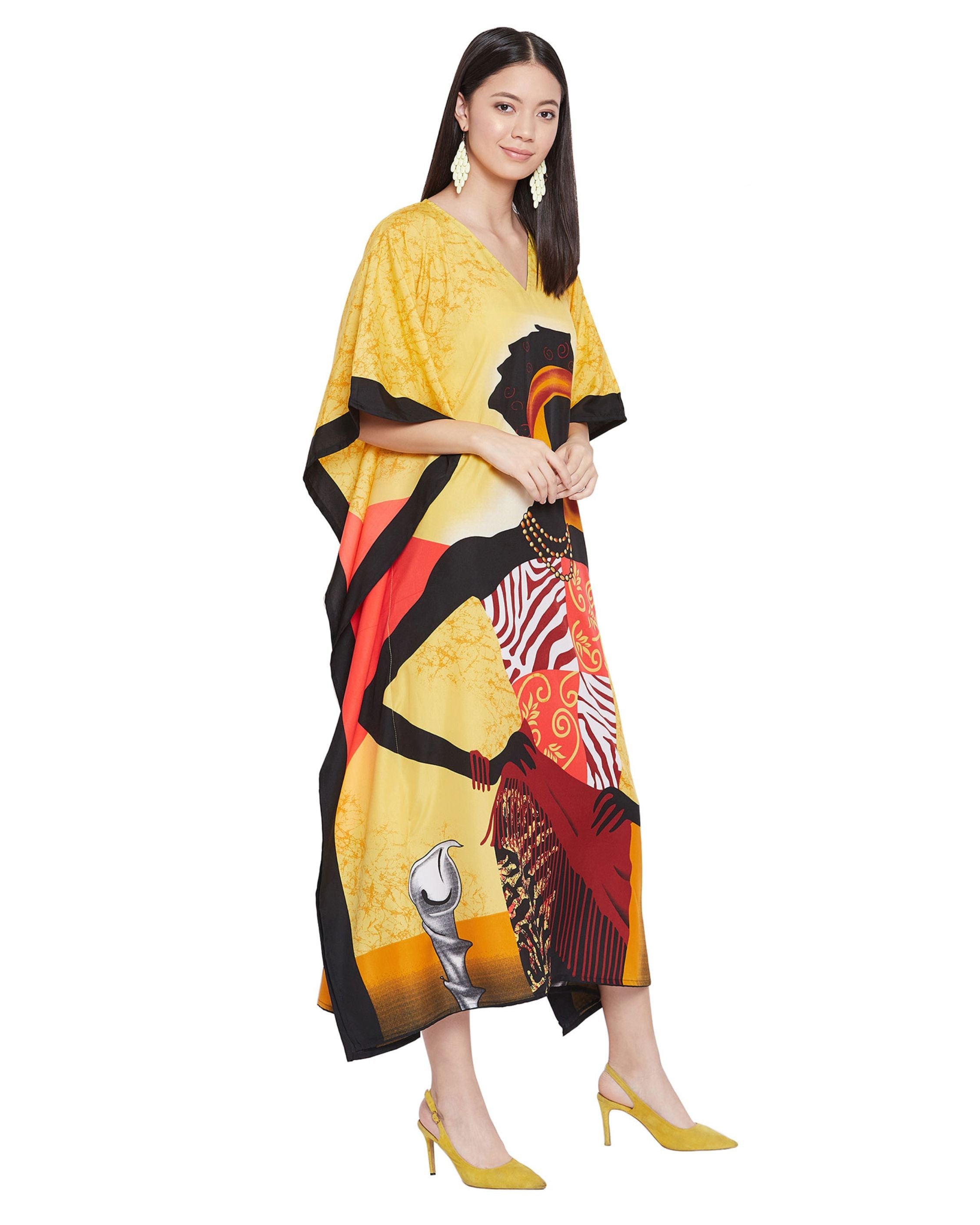Tribal Printed Golden Polyester Kaftan Dress for Women