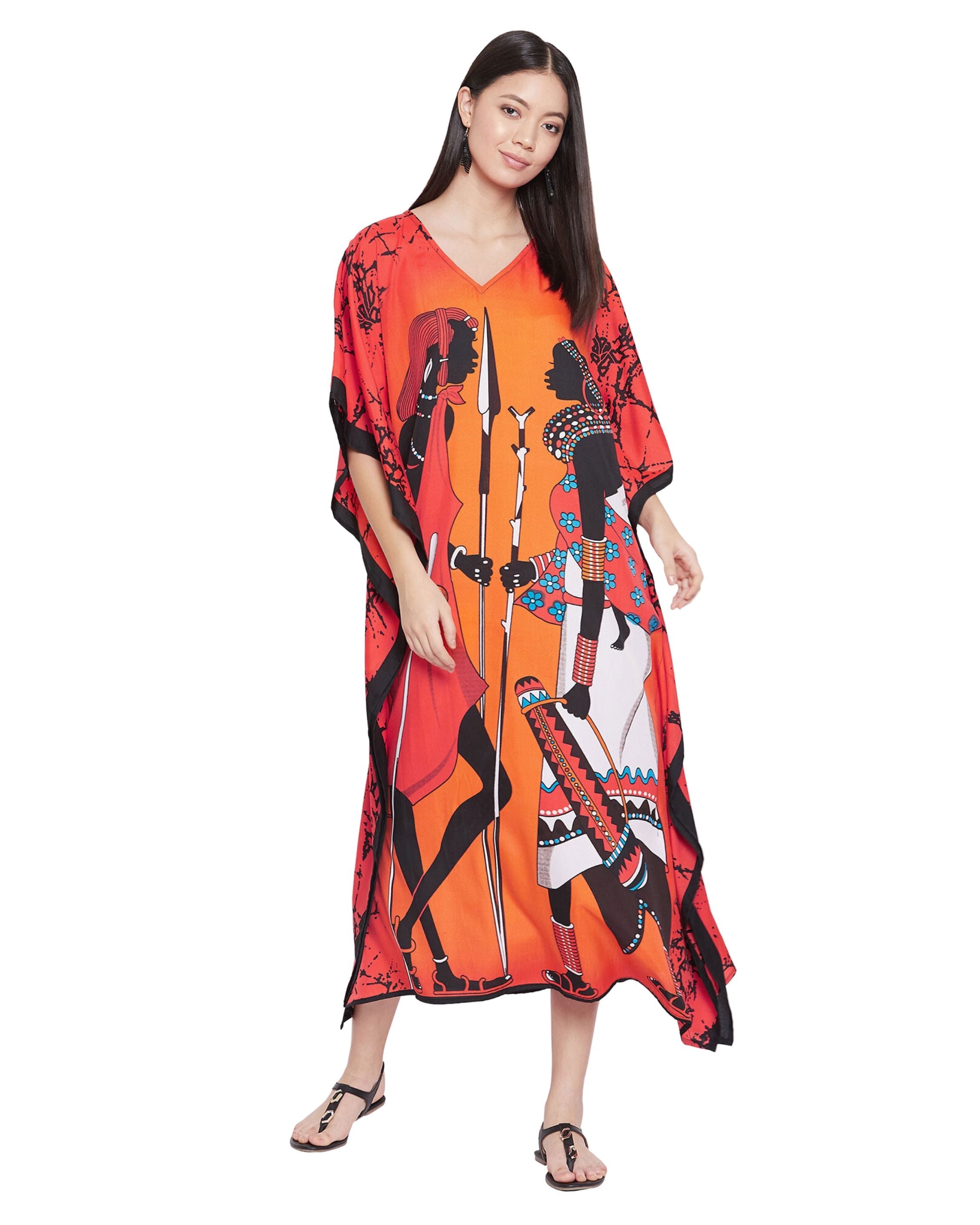 Tribal Printed Multicolor Polyester Kaftan Dress for Women