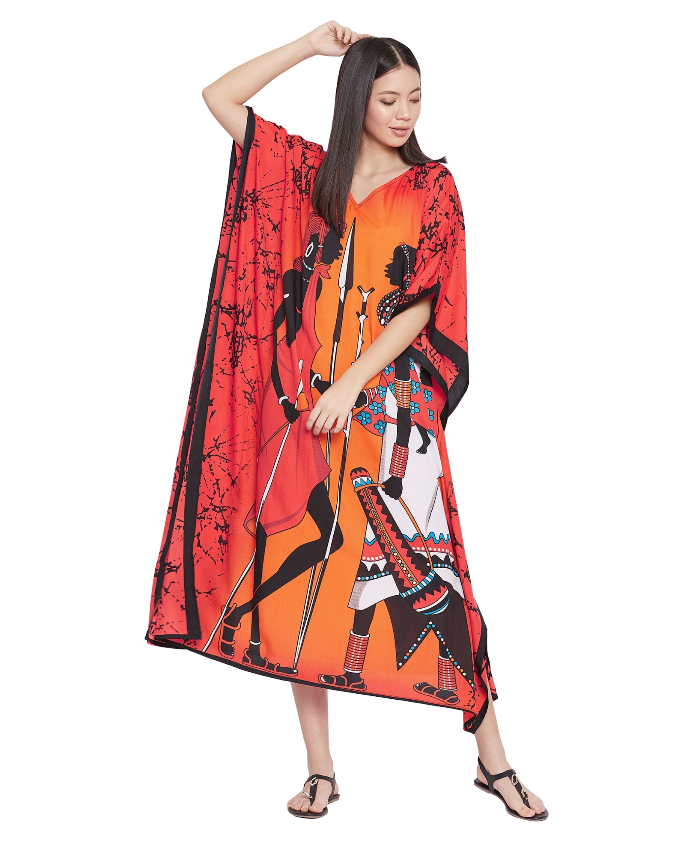 Kaftan Dress For Plus Size Women Tribal Printed Multicolor Polyester