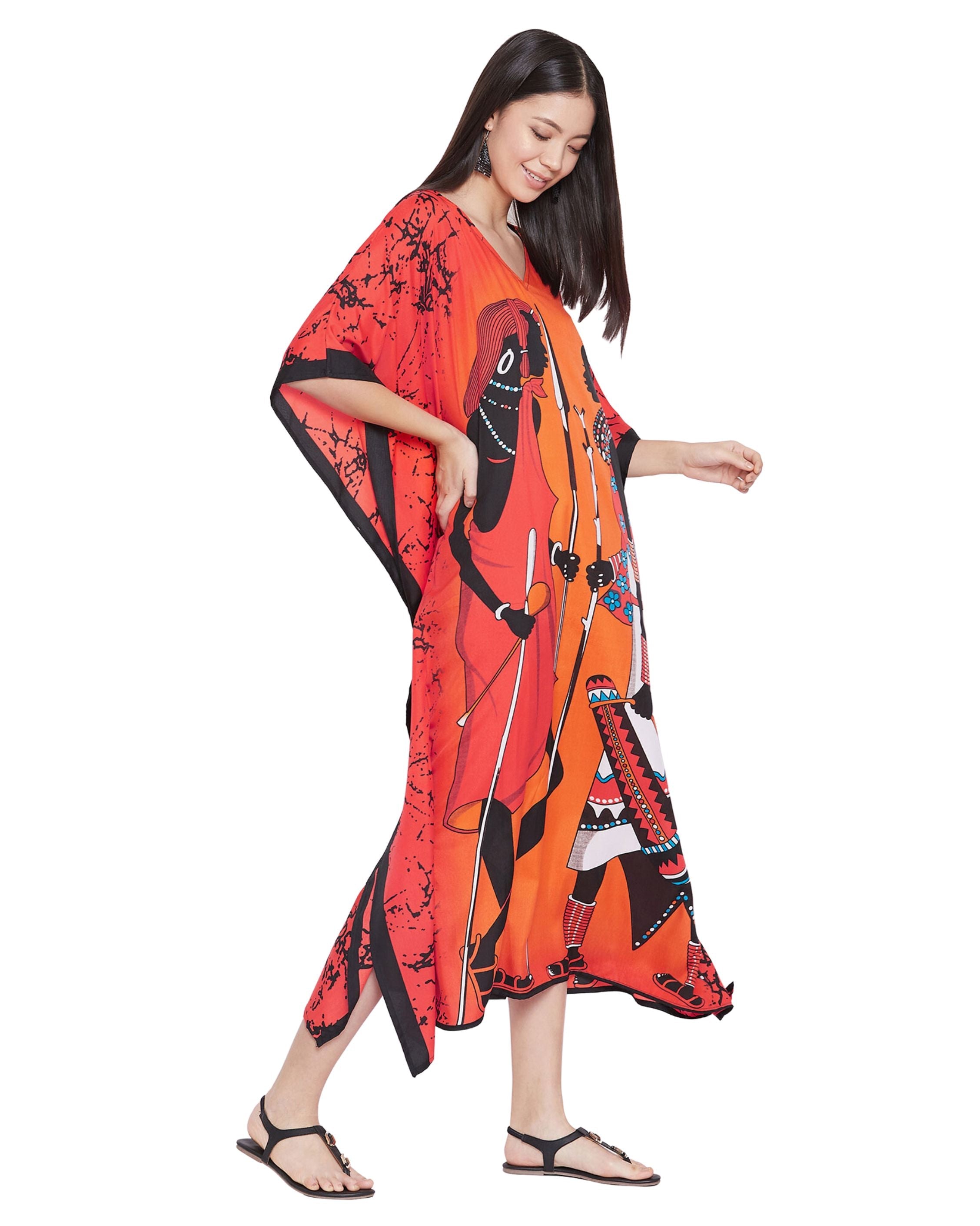 Kaftan Dress For Plus Size Women Tribal Printed Multicolor Polyester