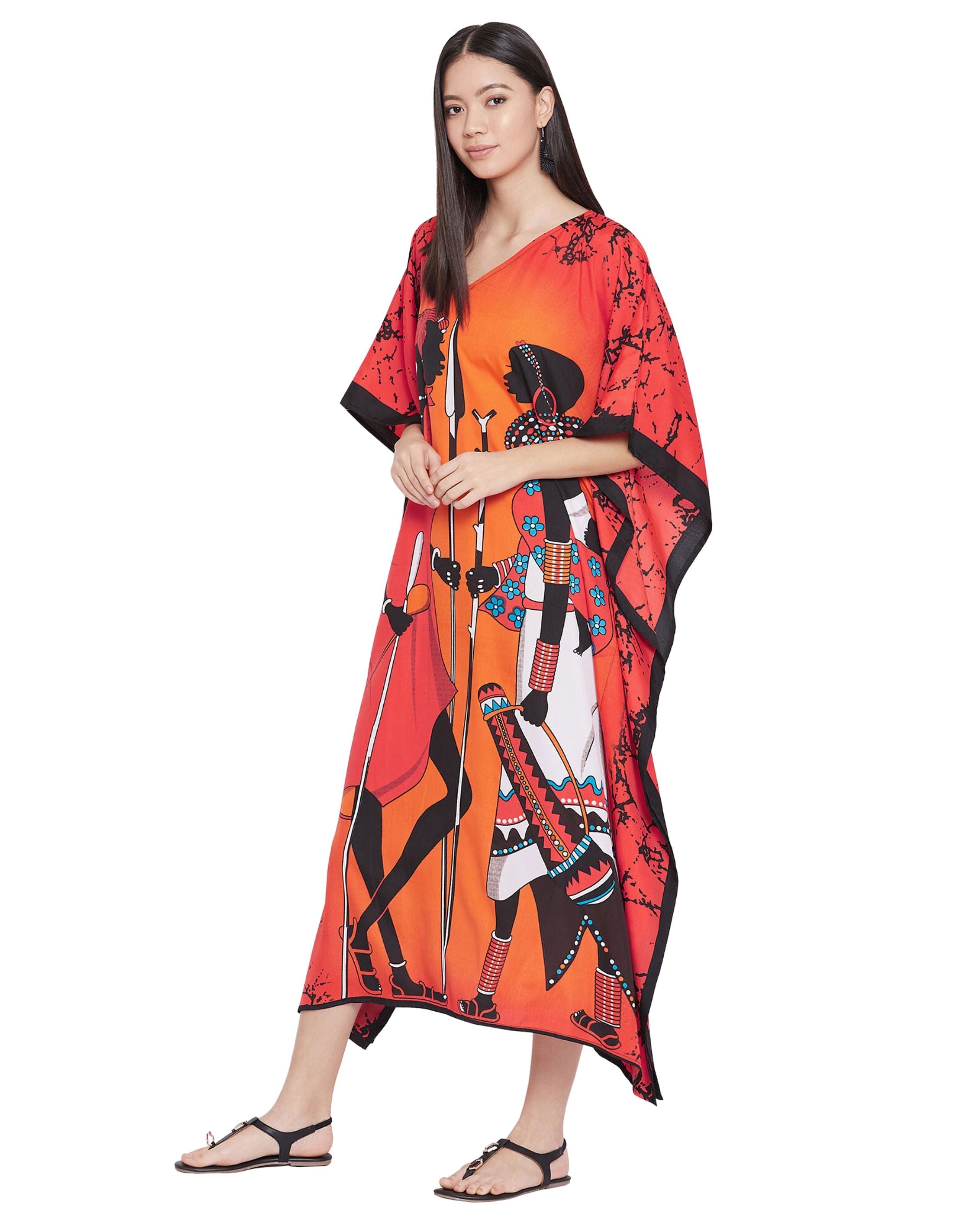 Kaftan Dress For Plus Size Women Tribal Printed Multicolor Polyester