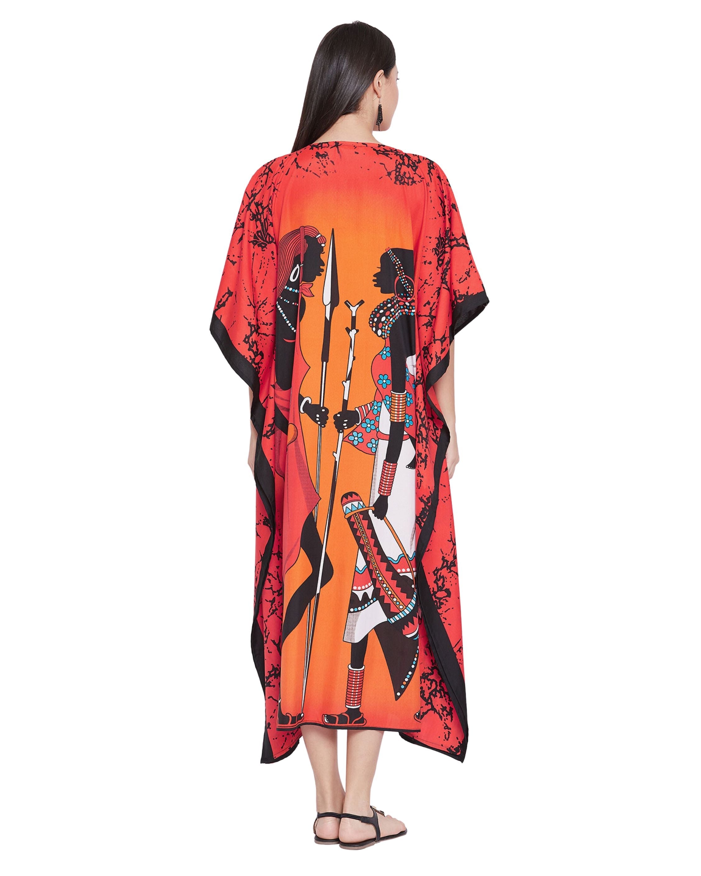 Kaftan Dress For Plus Size Women Tribal Printed Multicolor Polyester