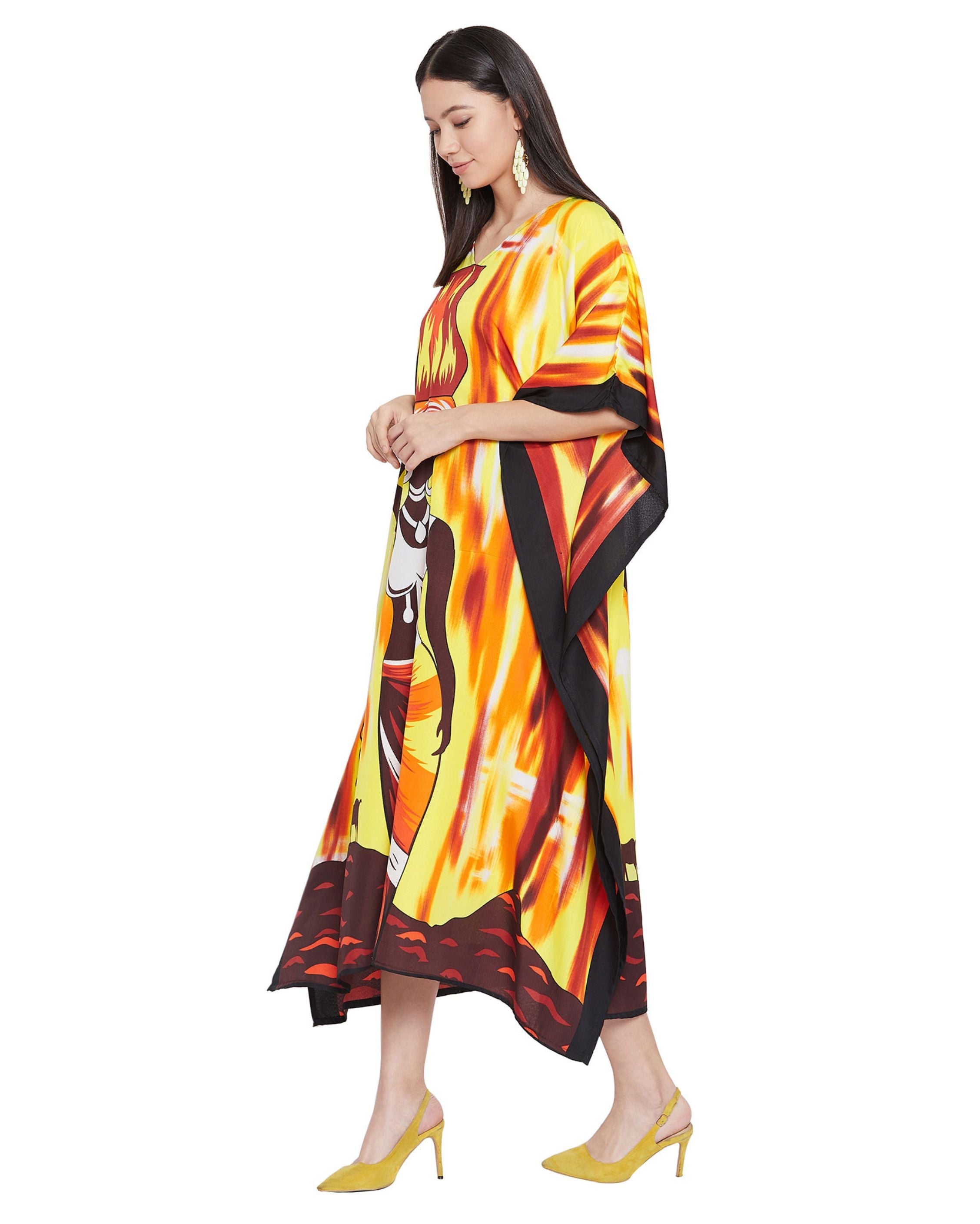 Tribal Printed Yellow Polyester Kaftan Dress for Women