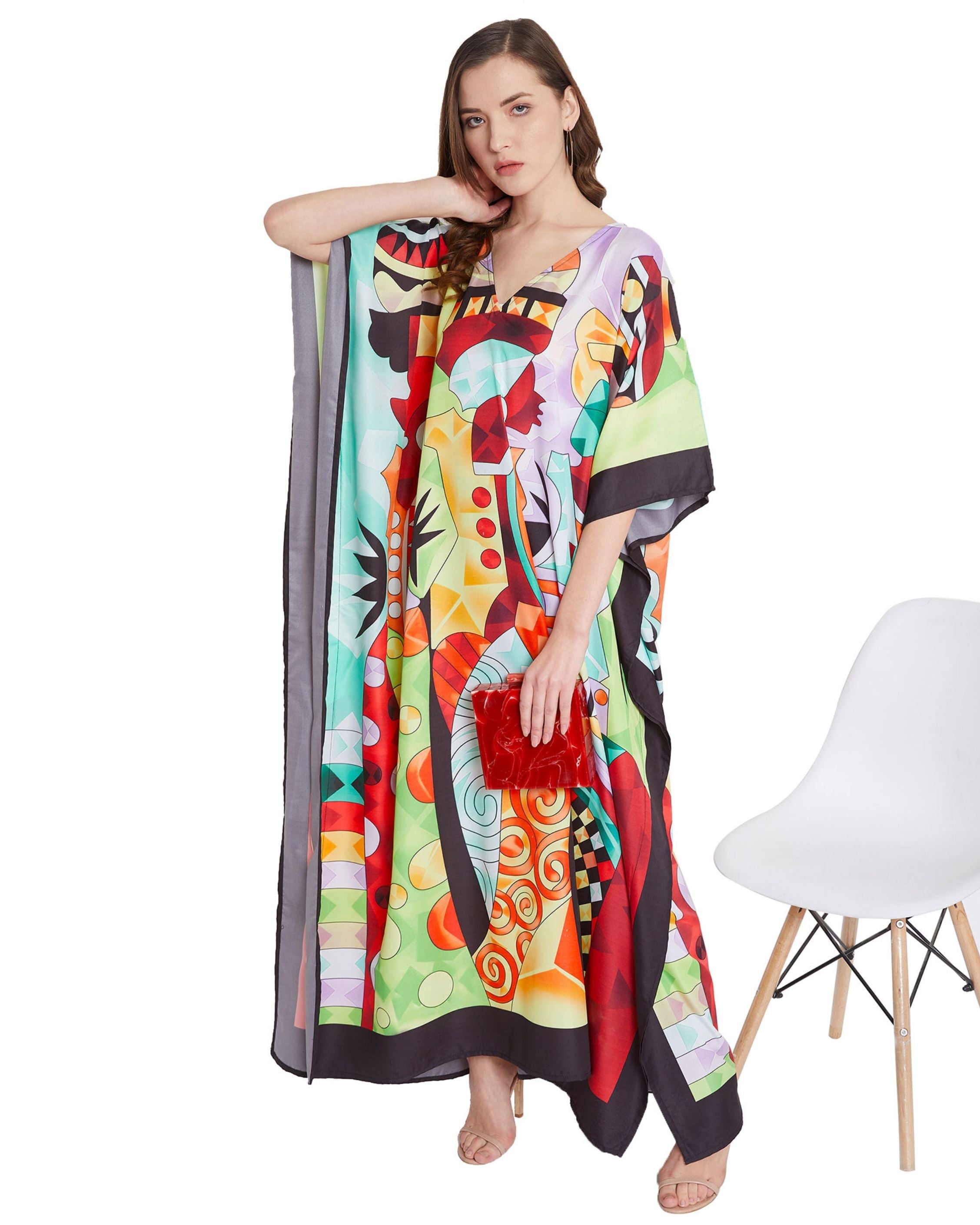 Multicolor Polyester Tribal Printed Kaftan Plus Size For Women