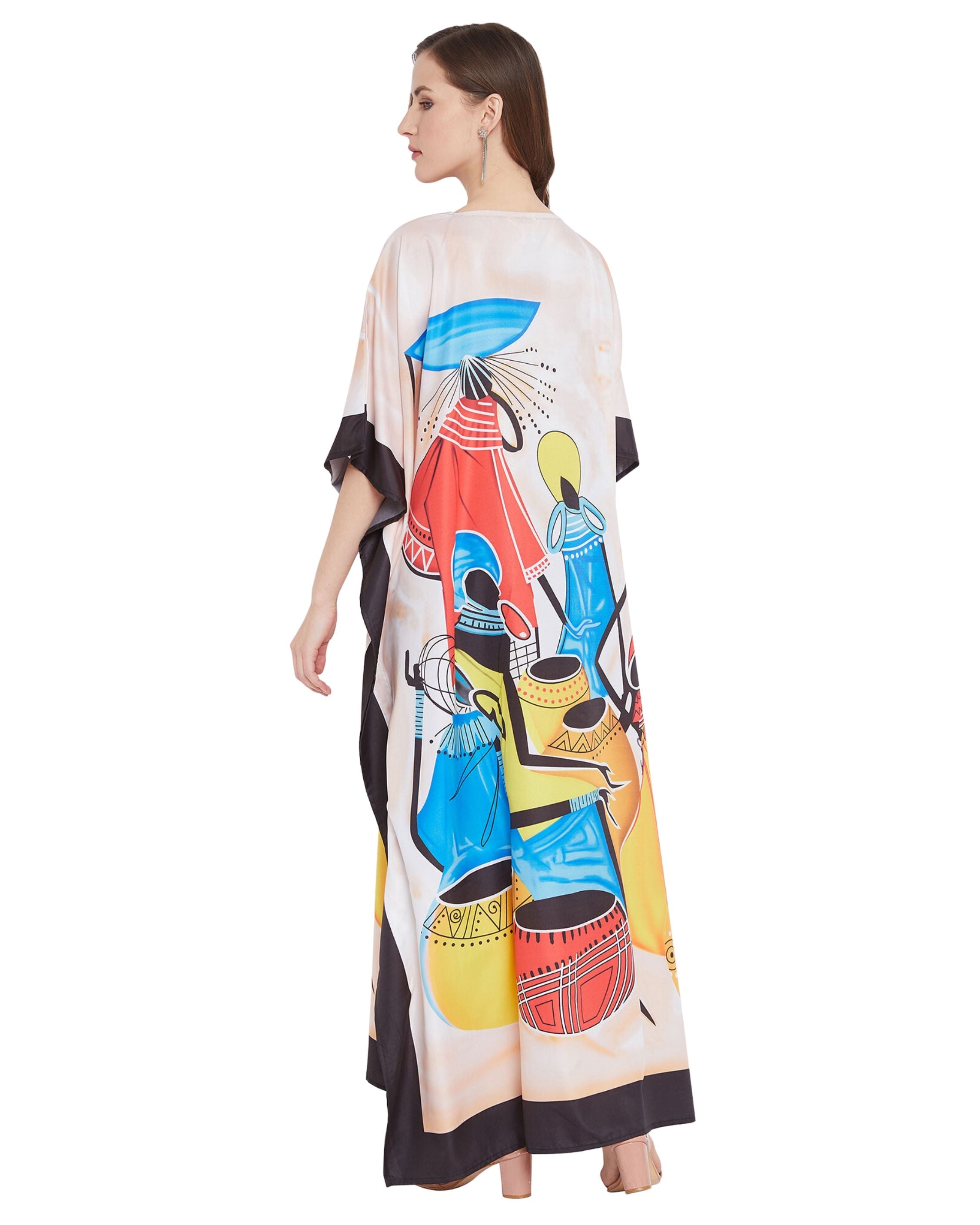 Dress Tribal Printed Multicolor Polyester Plus Size Kaftan For Women