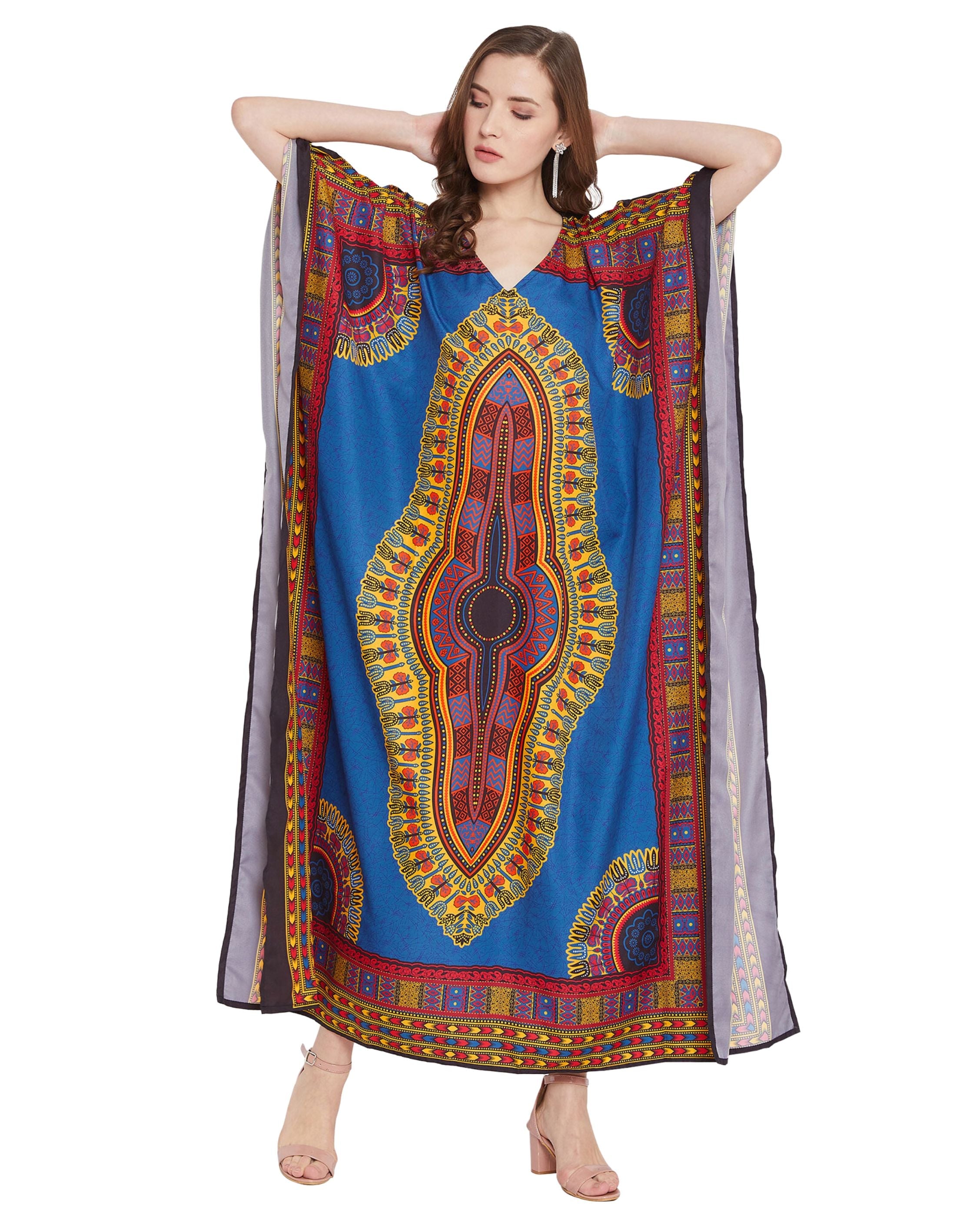 Blue Dress Tribal Printed Polyester Kaftan For Plus Size Women