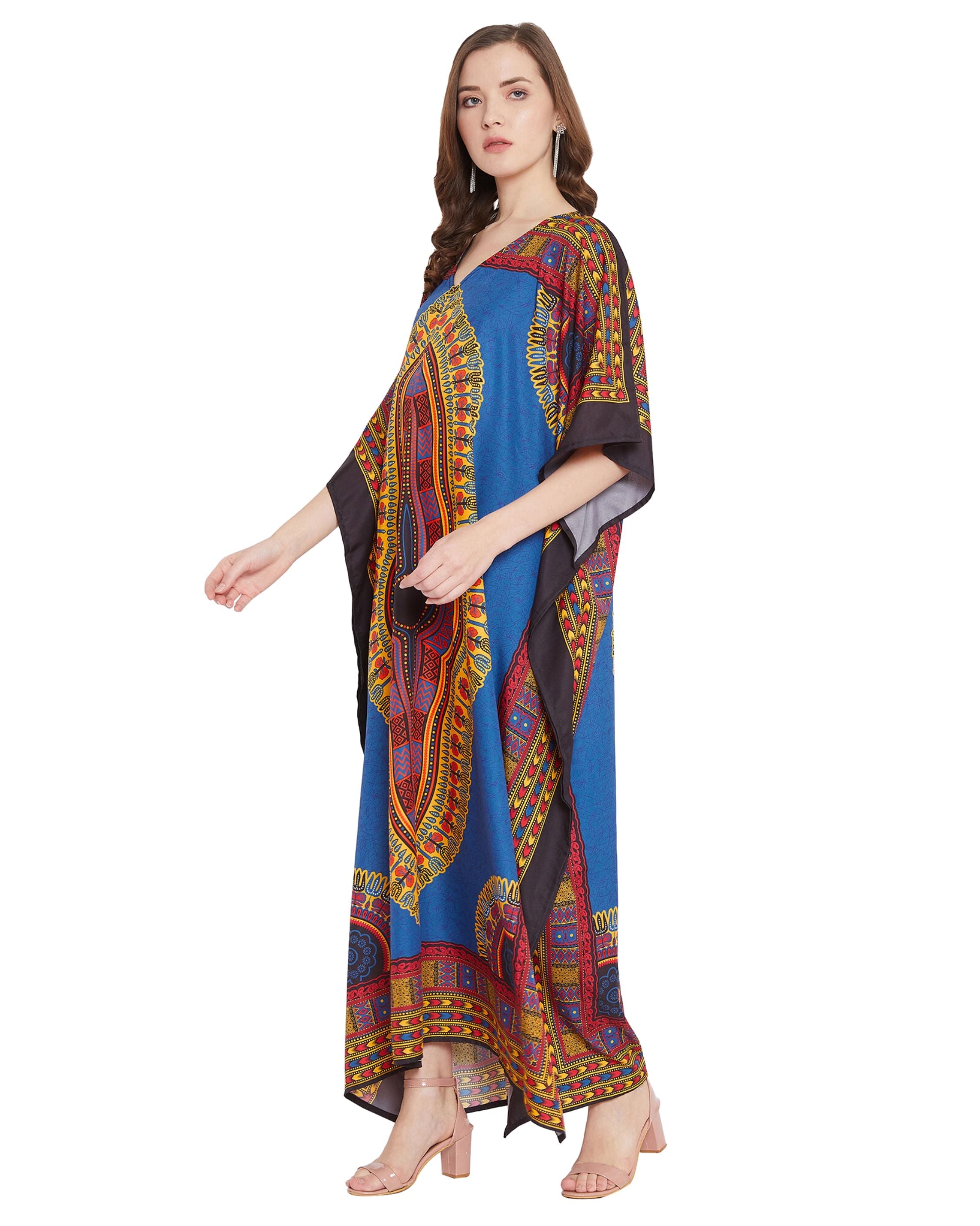 Blue Dress Tribal Printed Polyester Kaftan For Plus Size Women