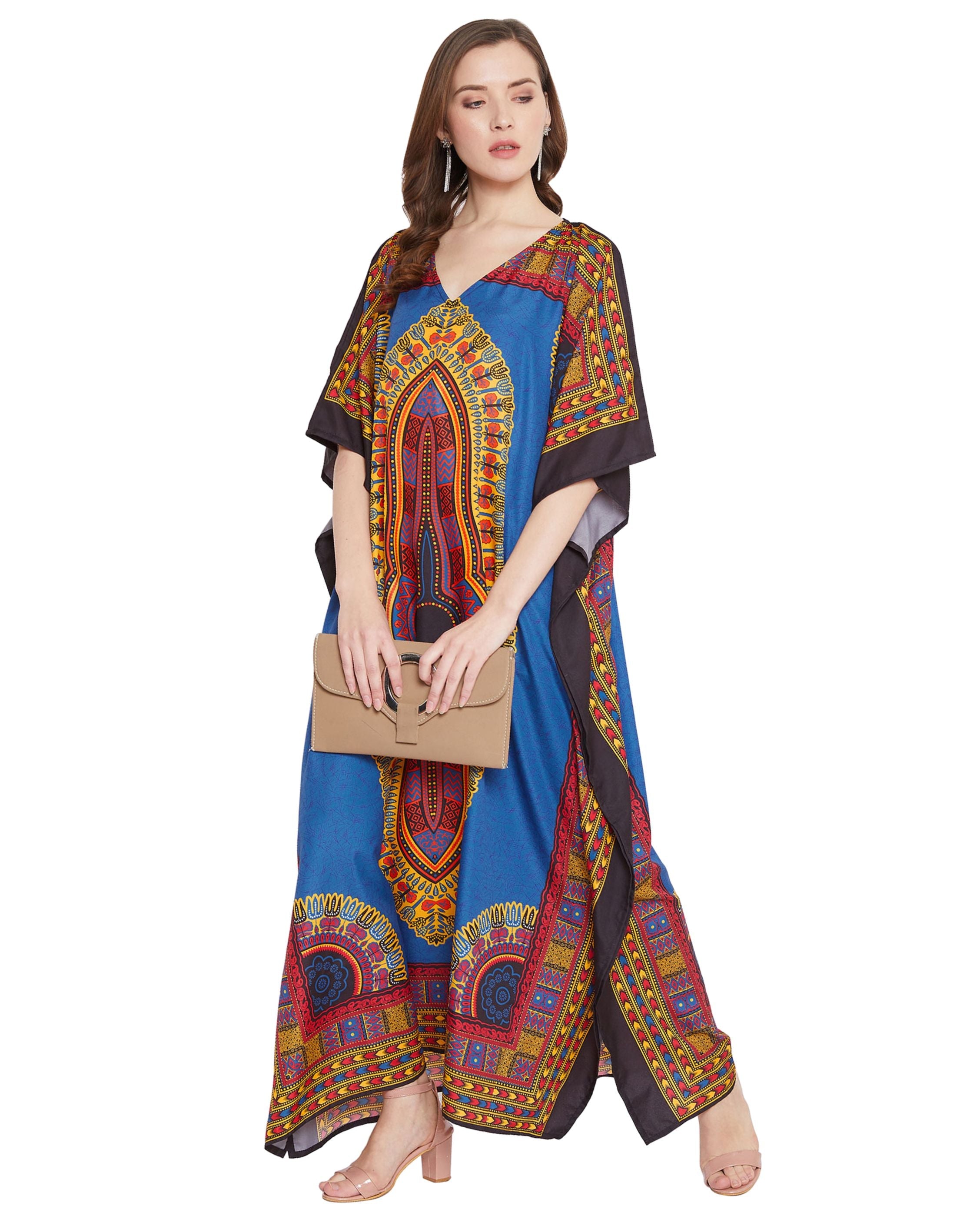 Blue Dress Tribal Printed Polyester Kaftan For Plus Size Women