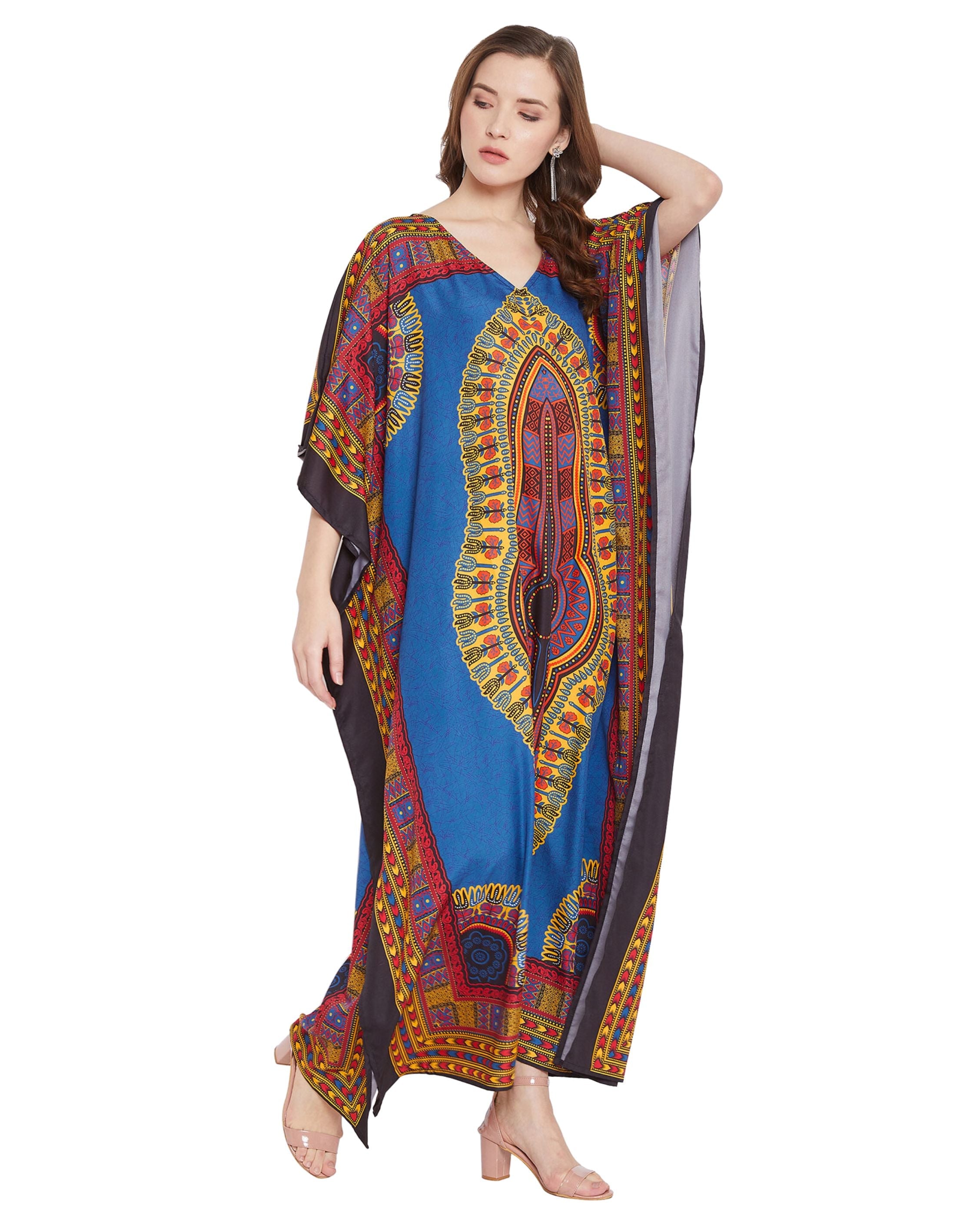 Blue Dress Tribal Printed Polyester Kaftan For Plus Size Women