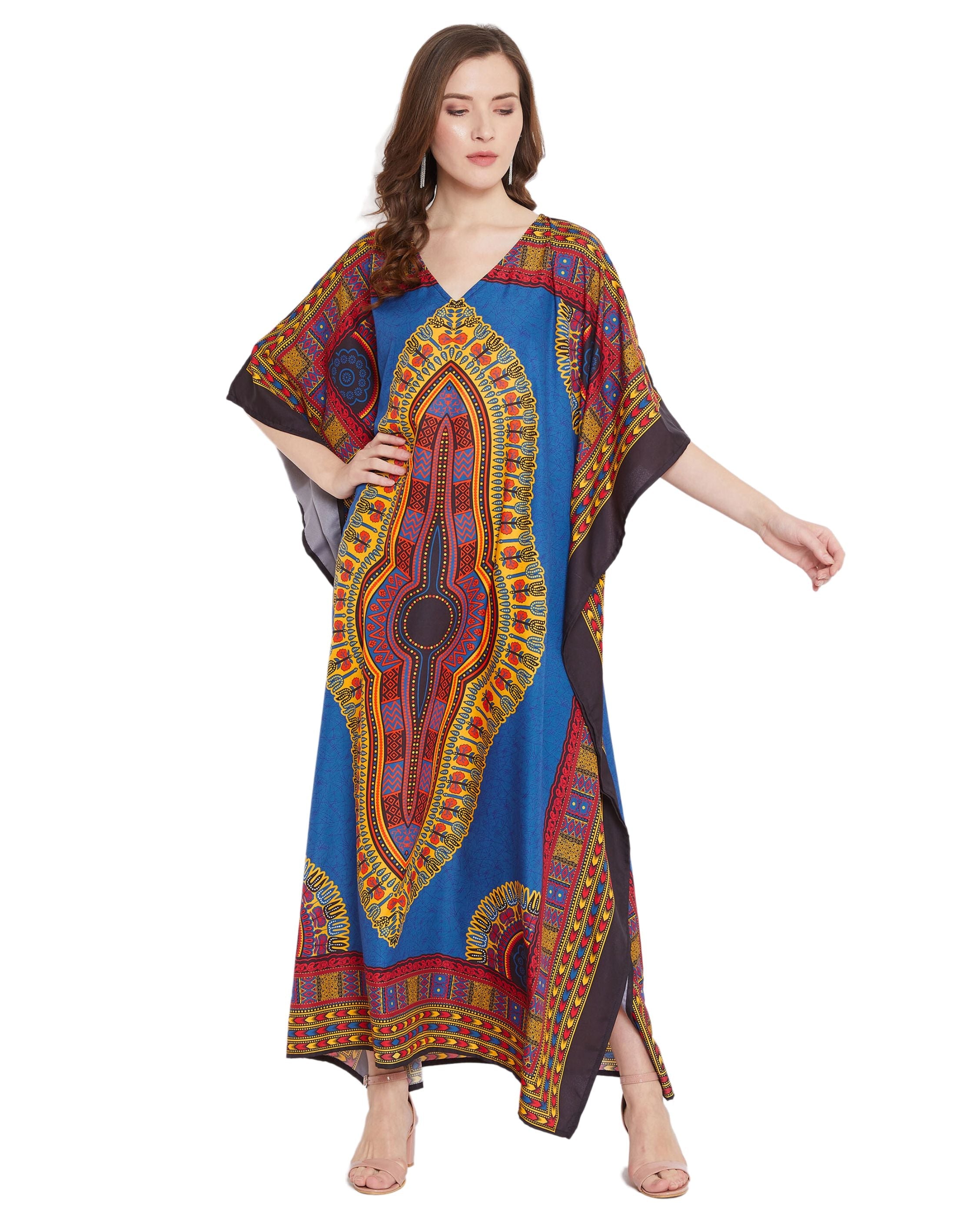 Blue Dress Tribal Printed Polyester Kaftan For Plus Size Women