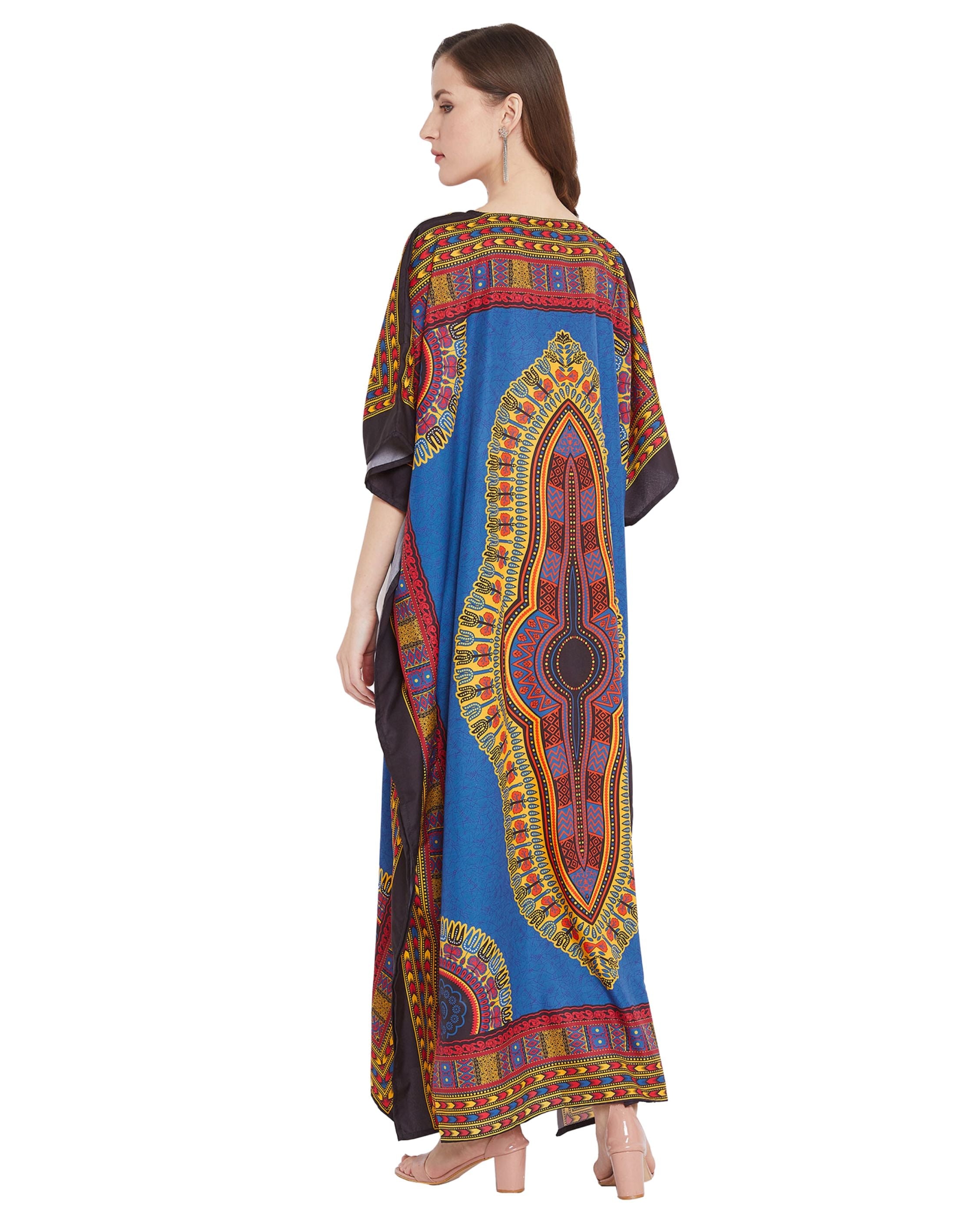 Blue Dress Tribal Printed Polyester Kaftan For Plus Size Women