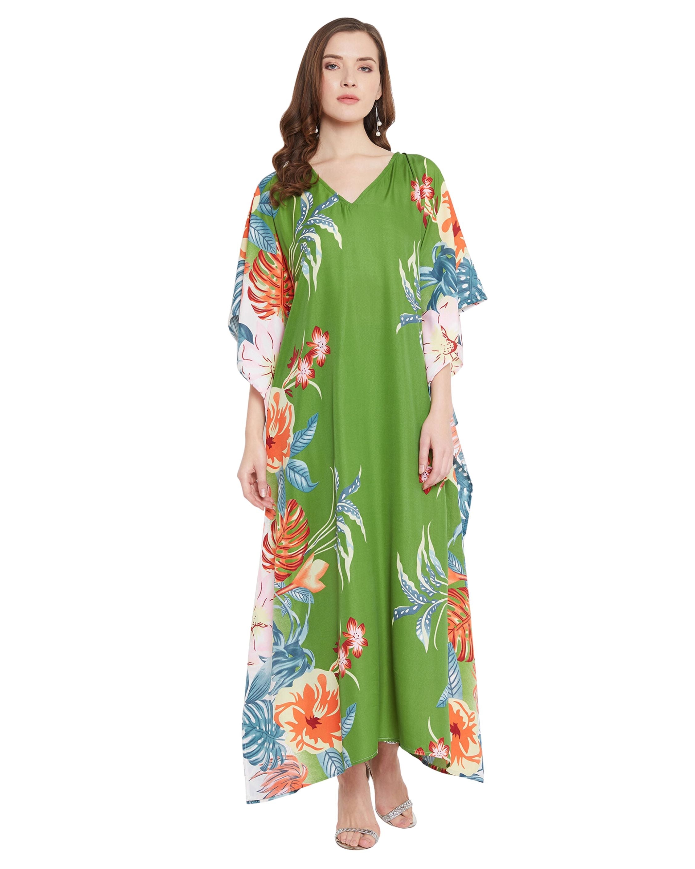 Floral Printed Green Polyester Kaftan Dress for Women