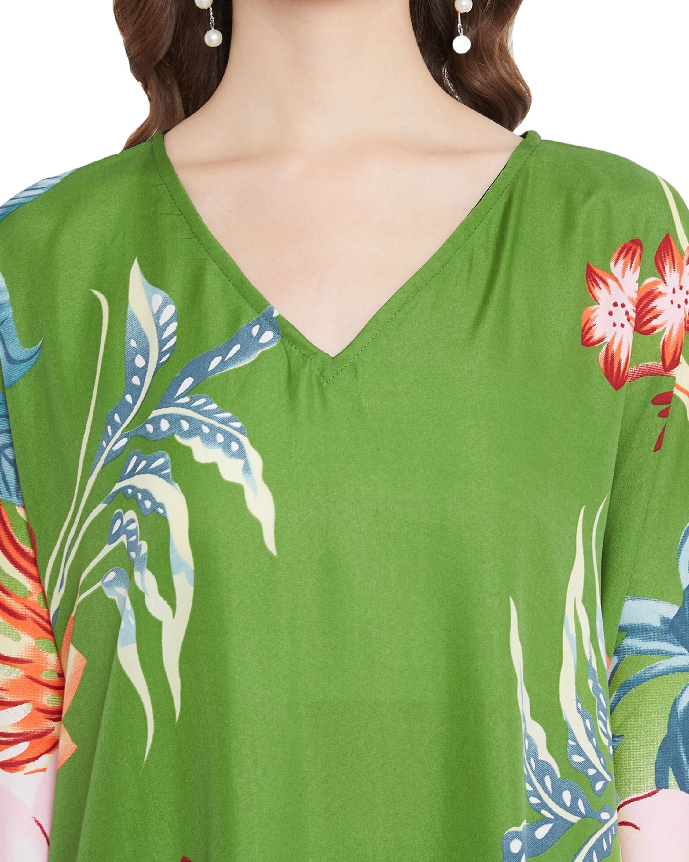 Floral Printed Green Polyester Kaftan Dress for Women