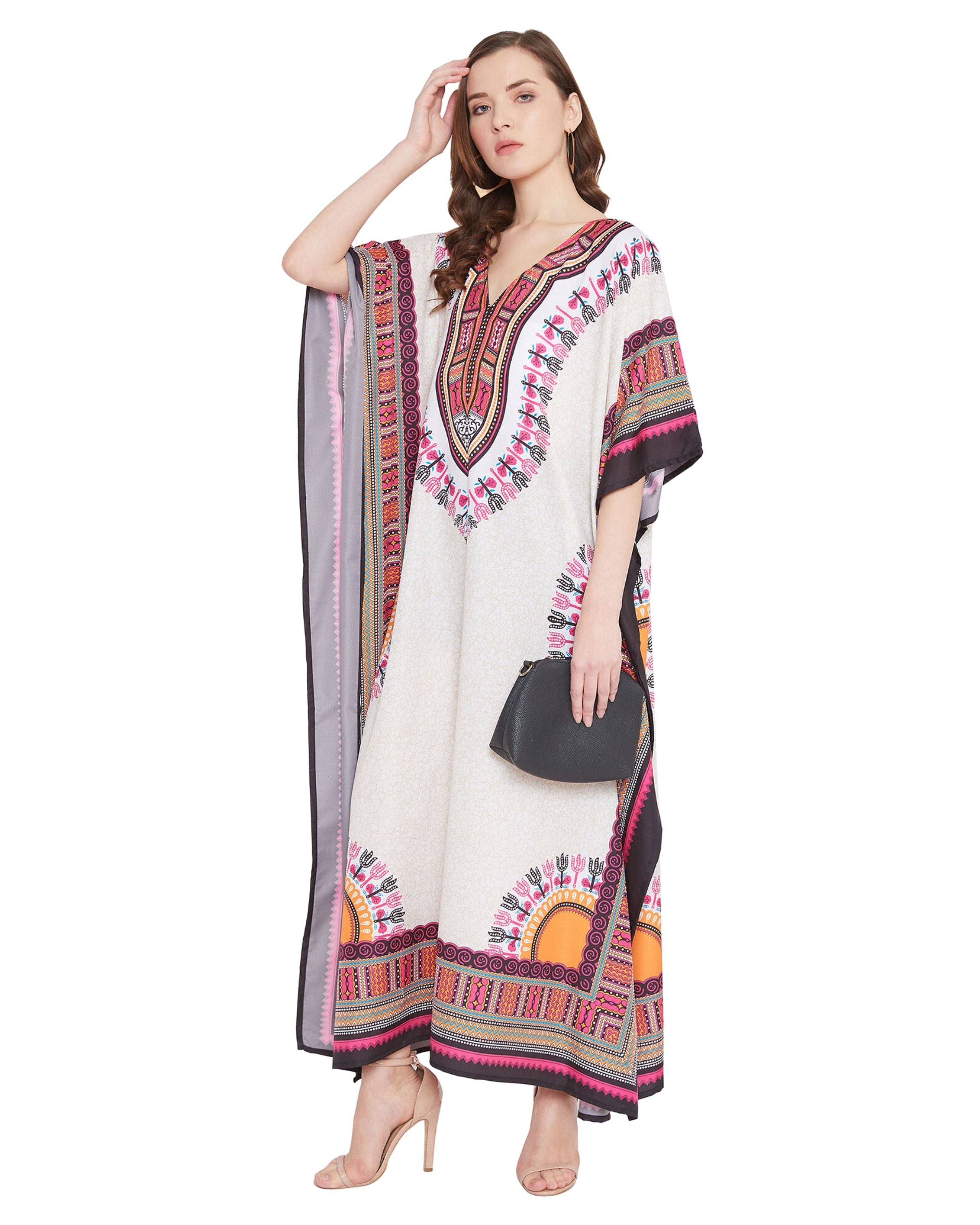 Tribal Printed Beige Polyester Kaftan Dress for Women