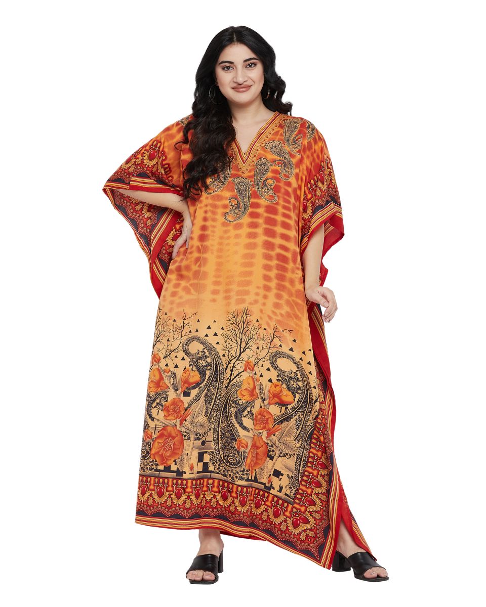 Paisley Printed Orange Polyester Kaftan Dress for Women